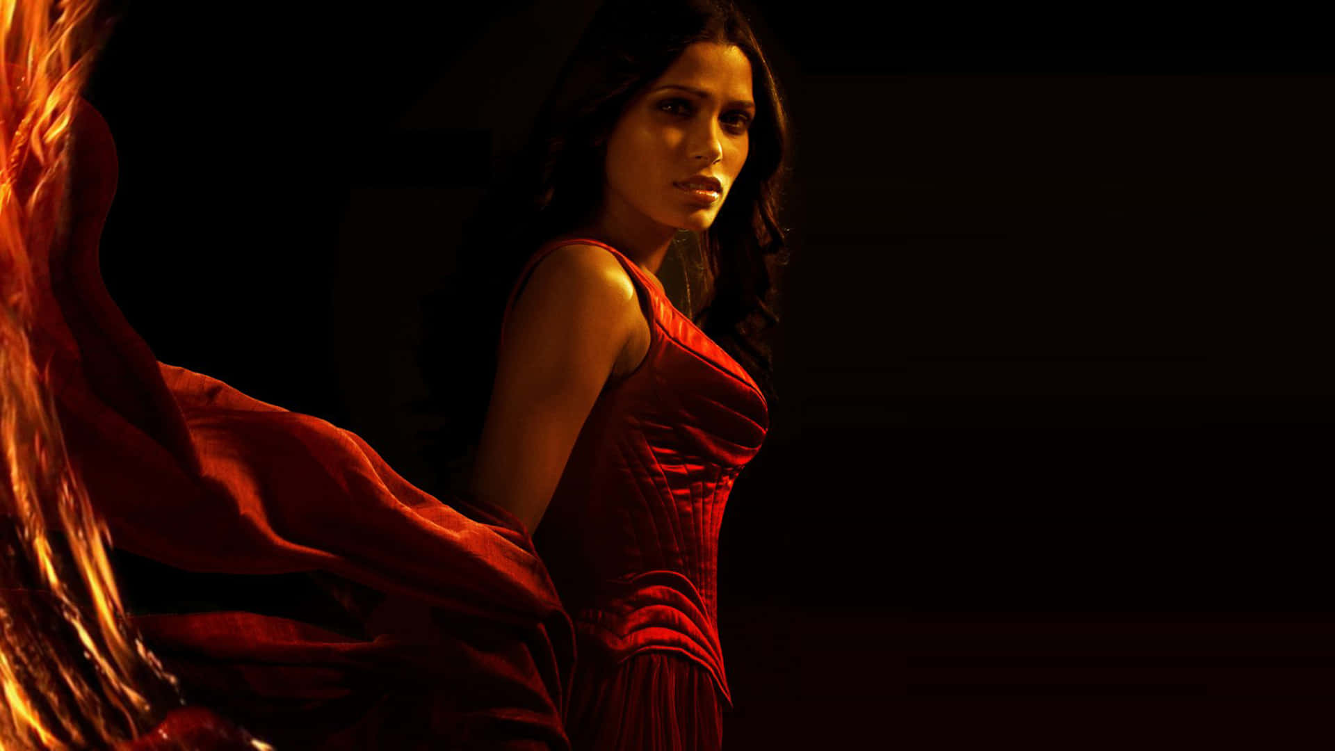Freida Pinto, red dress, fiery orange light, Full HD Desktop Wallpaper