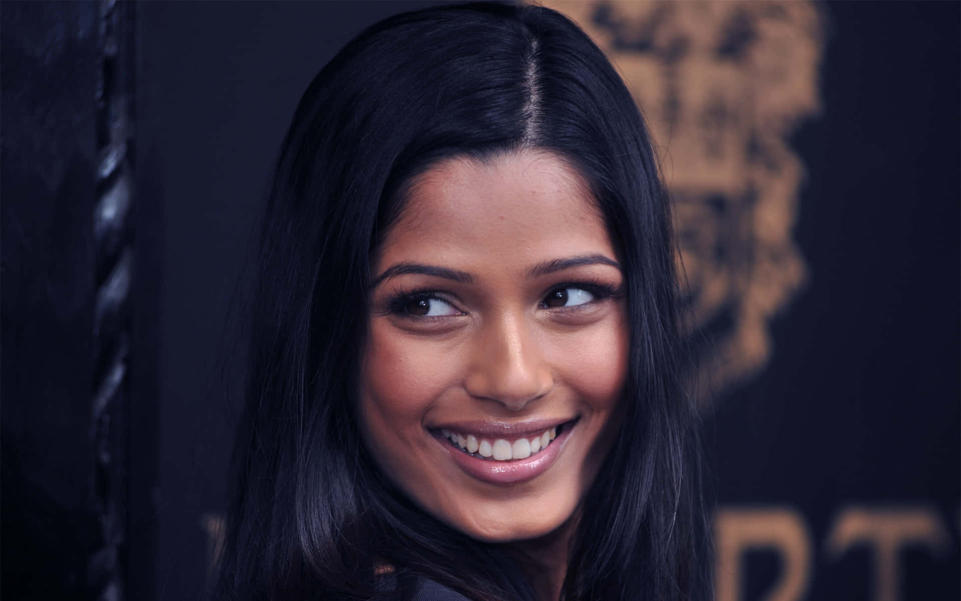 Freida Pinto, long dark hair, dark backdrop, Full HD Desktop Wallpaper