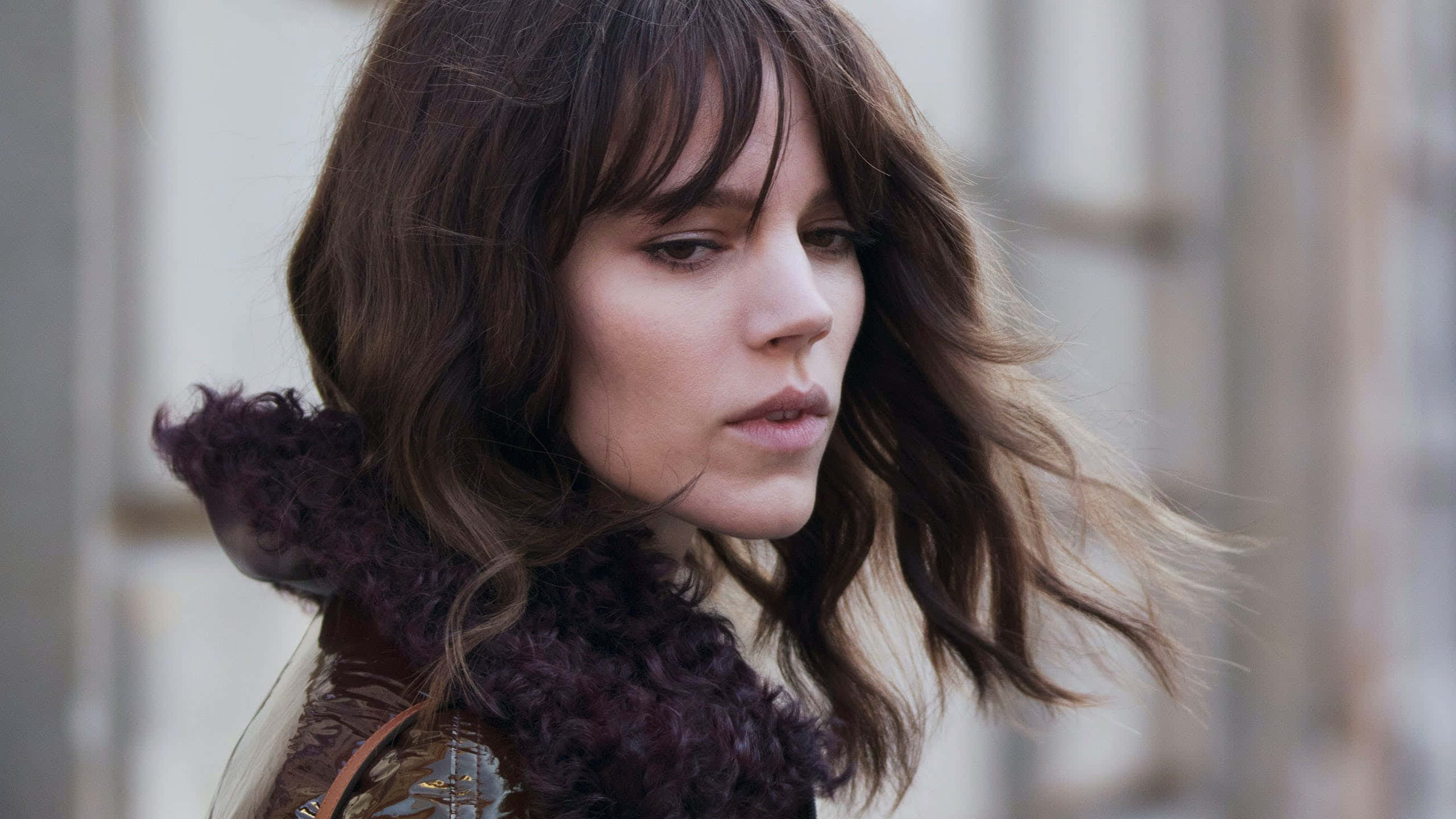 Freja Beha Erichsen, wavy brown hair, dark fur collar, 2K Desktop Wallpaper