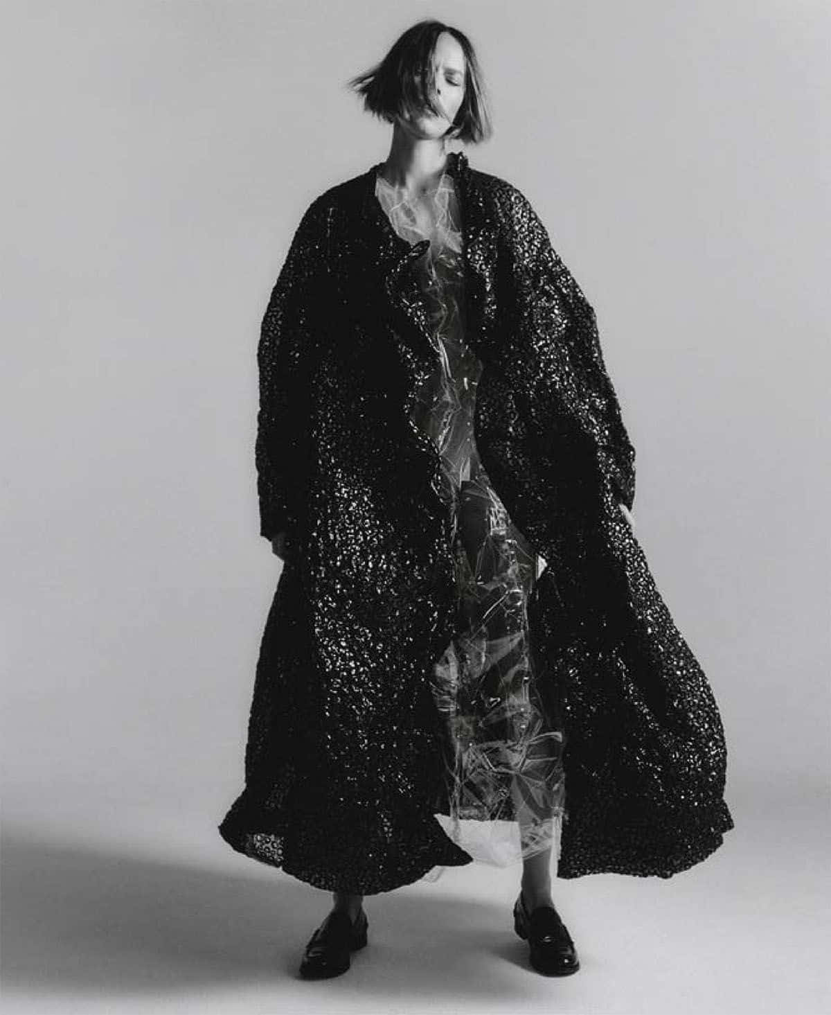 Freja Beha Erichsen, sparkling black coat, sheer dress, HD Phone Wallpaper