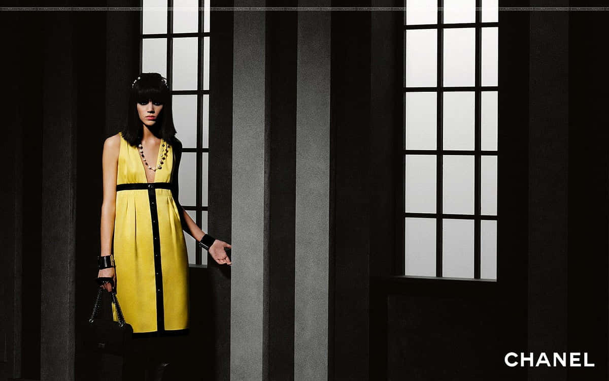 Freja Beha Erichsen, vibrant yellow dress, tall striped columns, SD Desktop Wallpaper