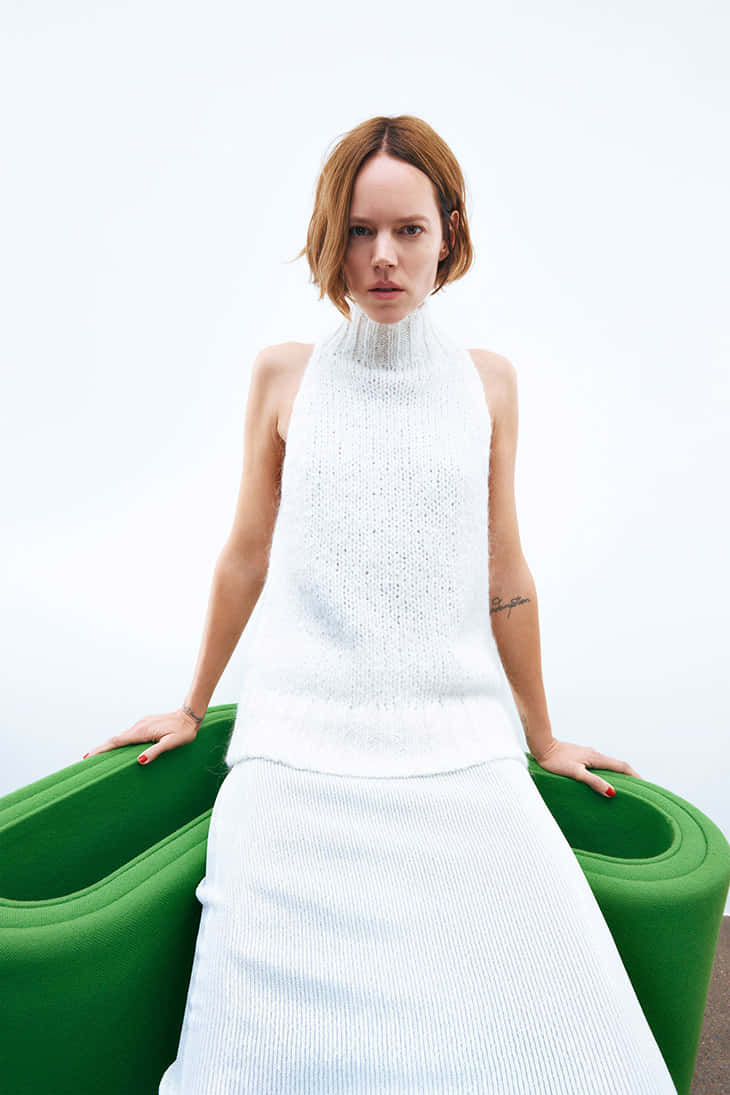 Freja Beha Erichsen, white knit dress, vibrant green curved sofa, SD Phone Wallpaper