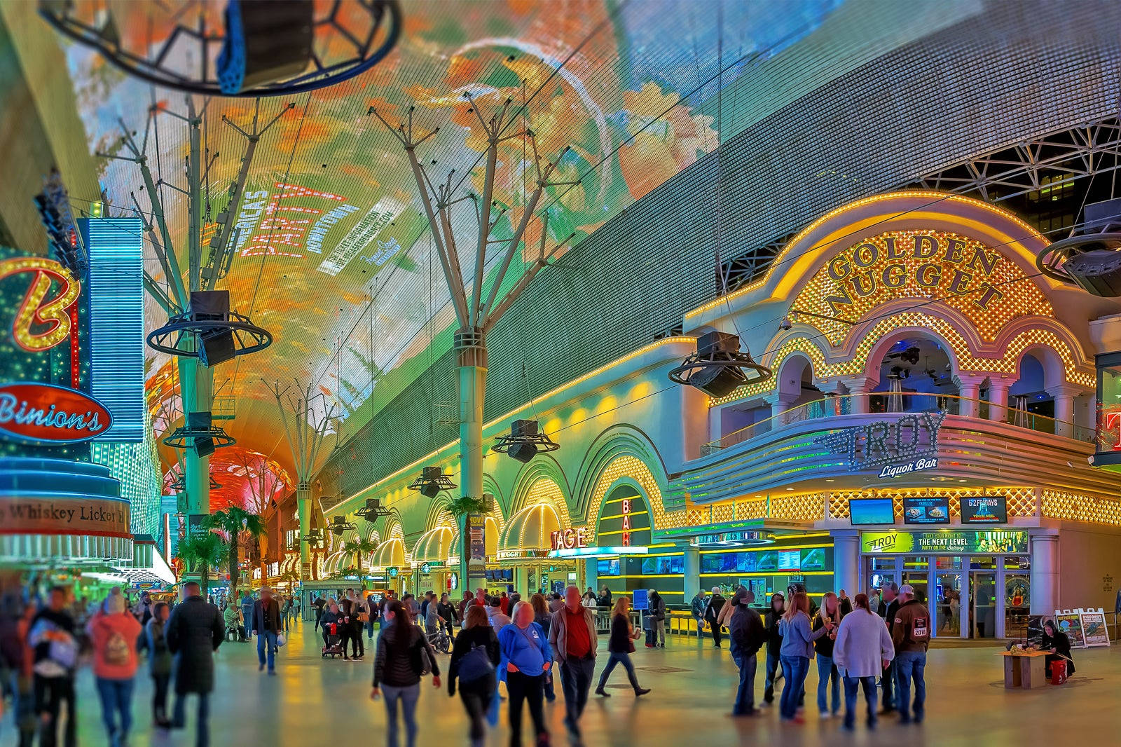 Fremont Street, neon-lit casino hallway, bustling crowds, HD Desktop Wallpaper