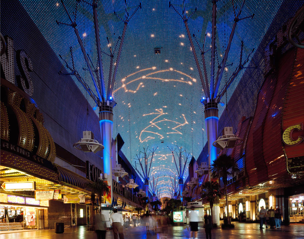 Fremont Street, starry digital ceiling, glowing blue pillars, SD Desktop Wallpaper