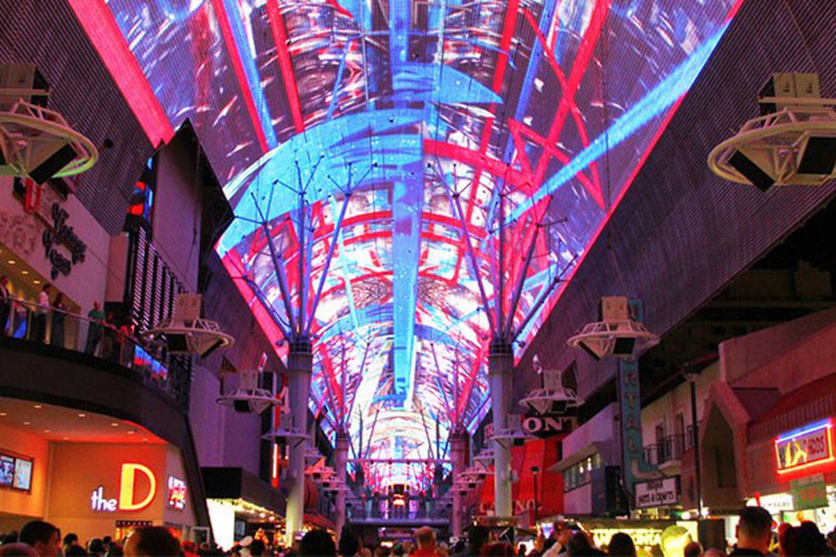 Fremont Street, red and blue LED canopy, neon signs, SD Desktop Wallpaper