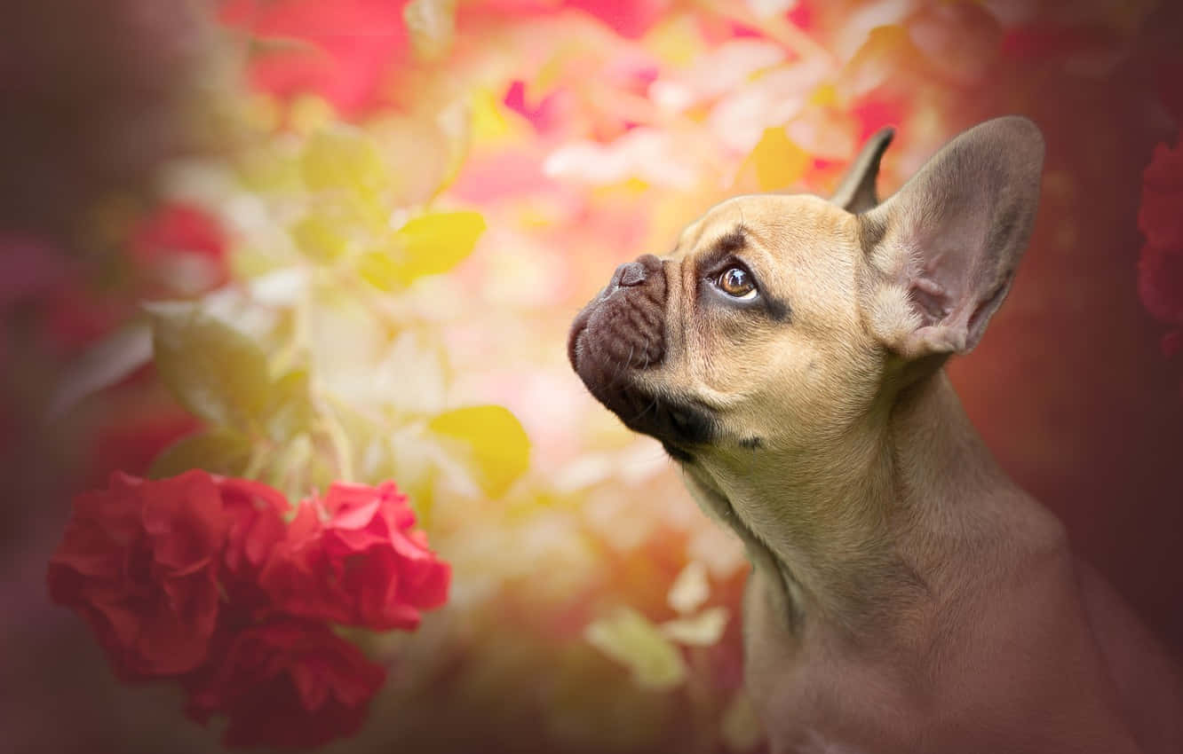 French bulldog, red and yellow flowers, soft-focus backdrop, HD Desktop Wallpaper