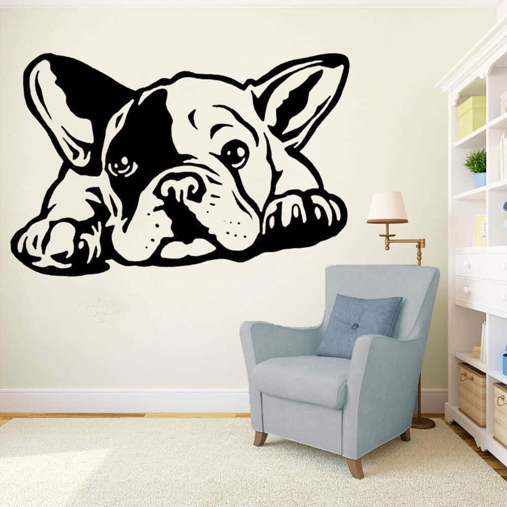 French bulldog, black and white illustrated, light blue armchair, SD Desktop Wallpaper