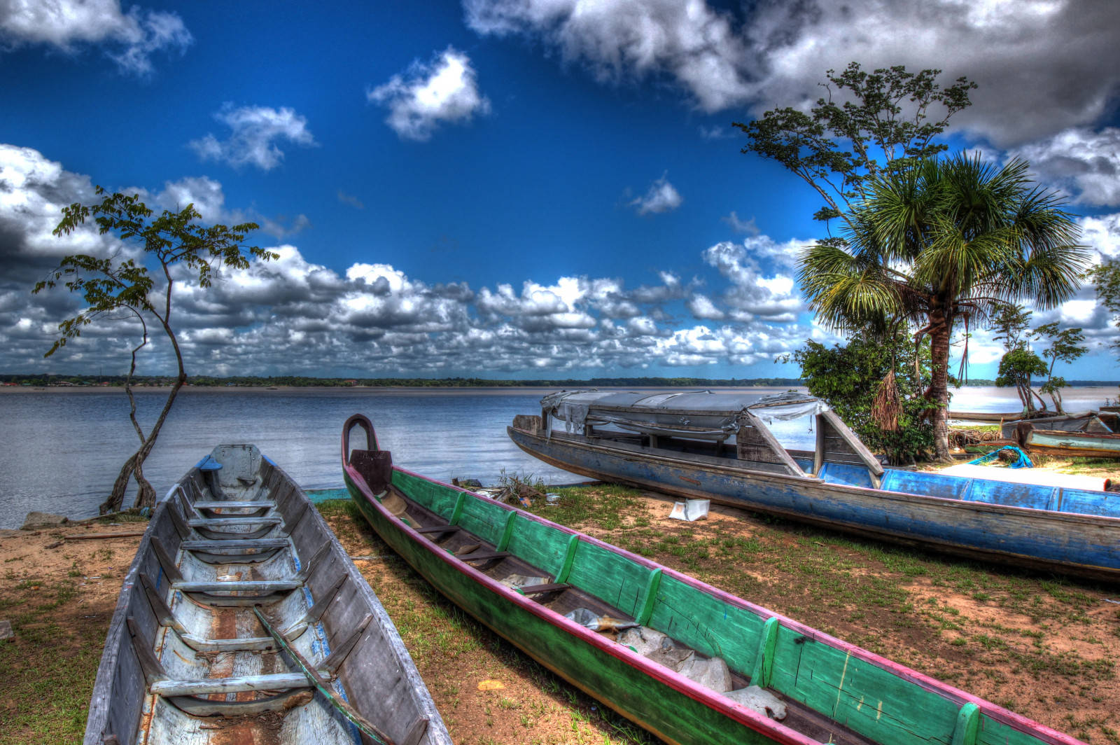 French Guiana, wooden boats, riverbank, HD Desktop Wallpaper
