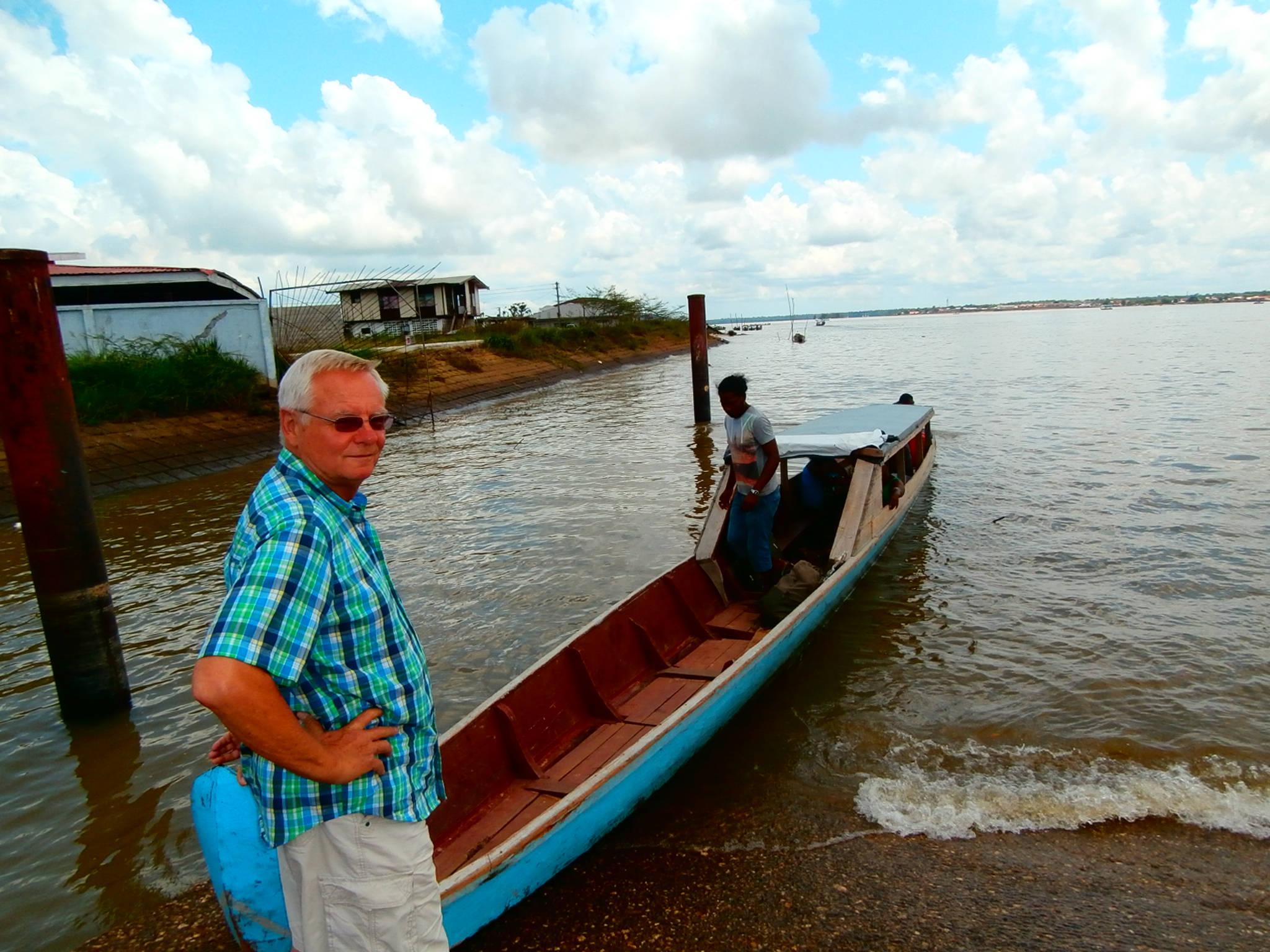 French Guiana, plaid shirt, blue wooden boat, Full HD Desktop Wallpaper