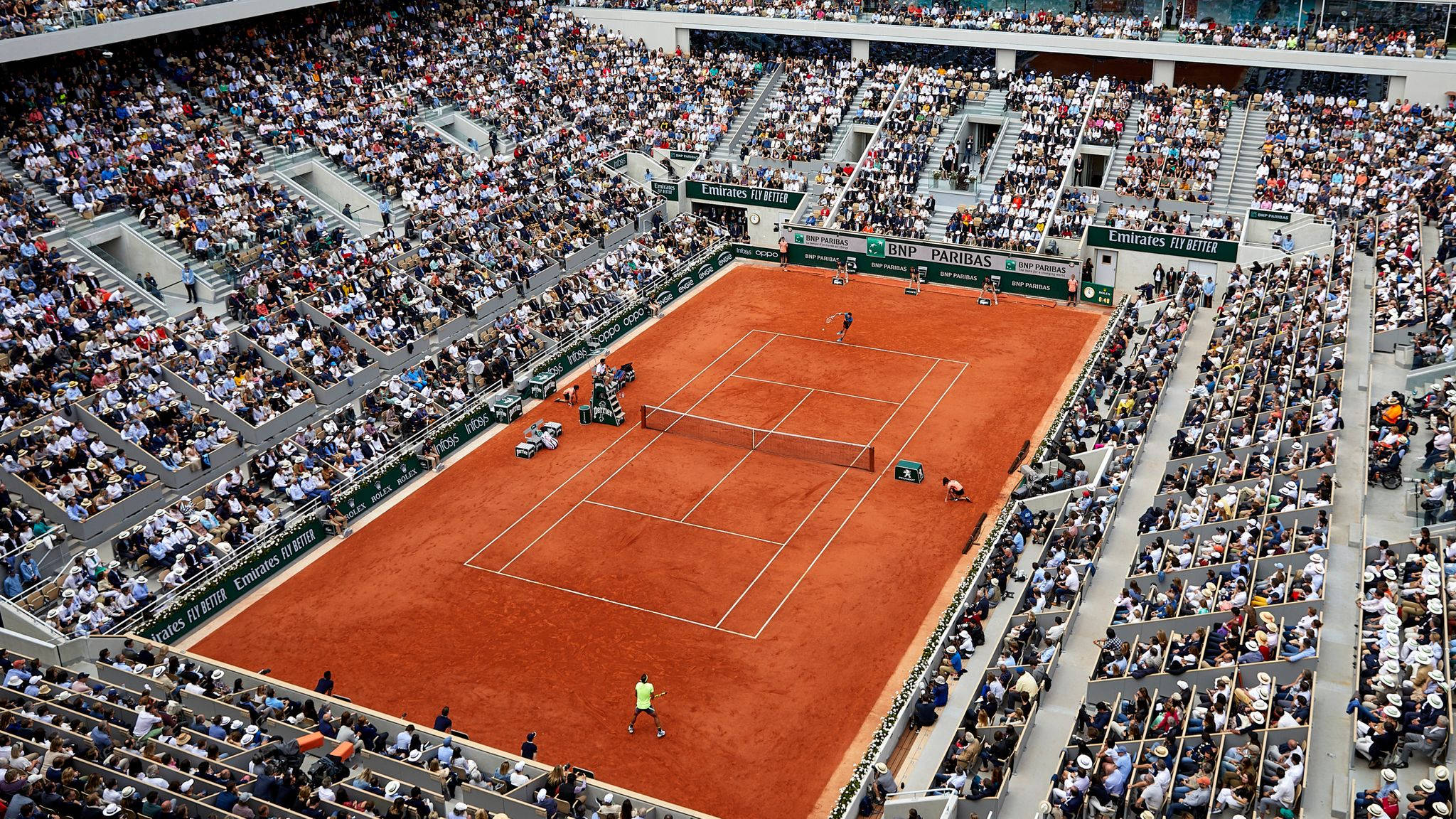 French Open, tennis stadium, vibrant red clay court, Full HD Desktop Wallpaper