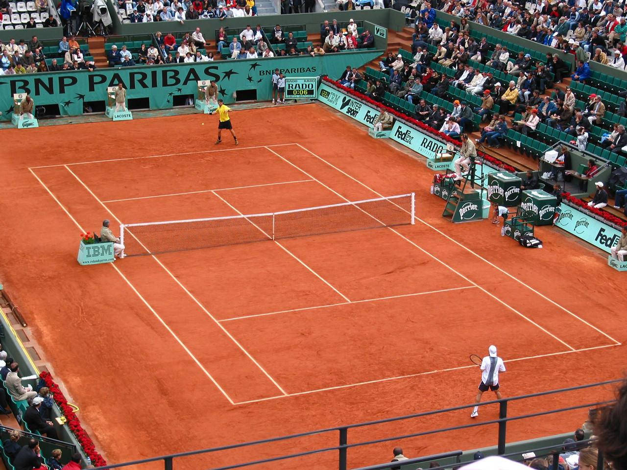 French Open, tennis players, sunlit red clay court, HD Desktop Wallpaper
