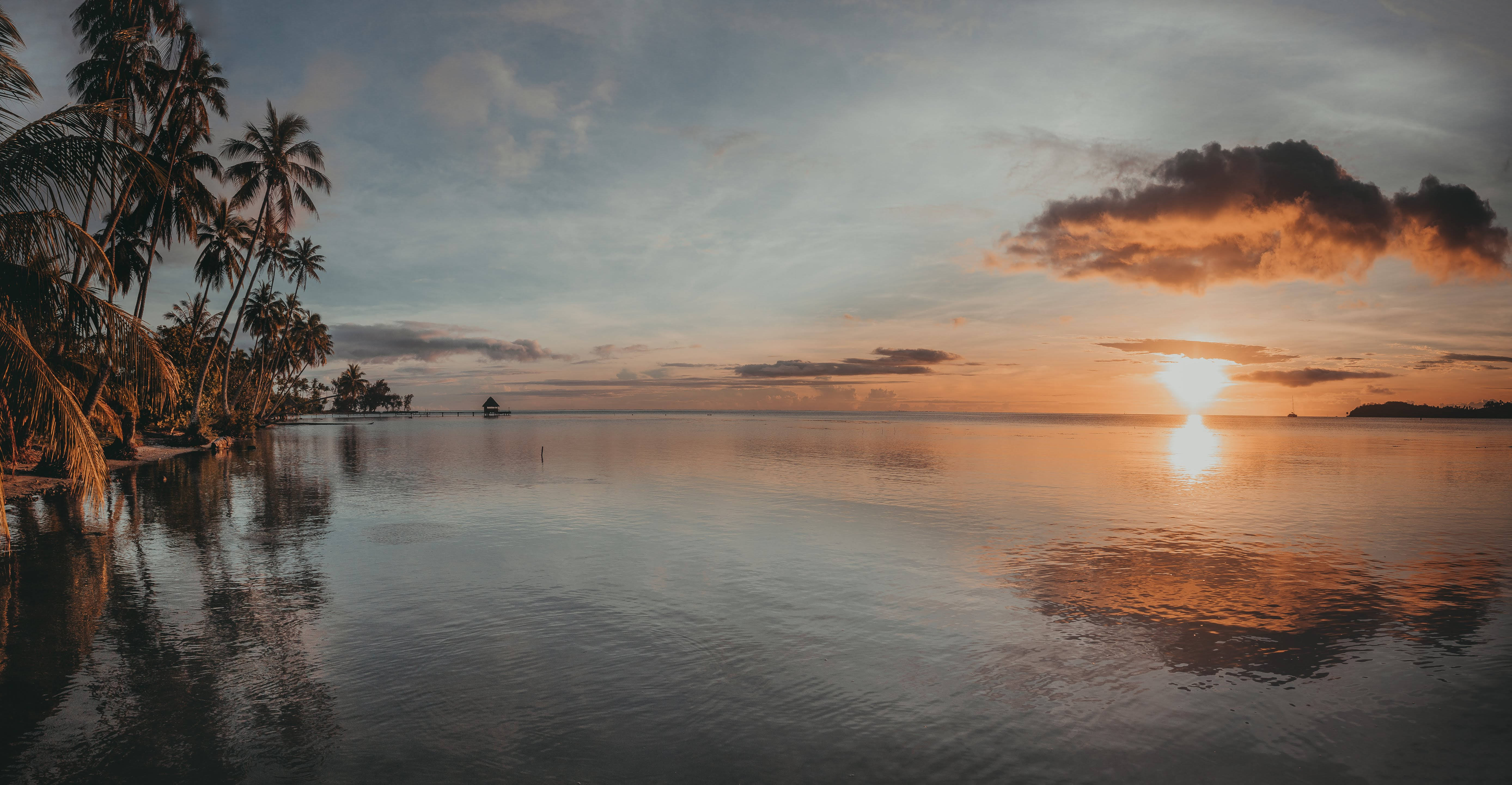 French Polynesia, calm lake, sunset, 5K Desktop Wallpaper