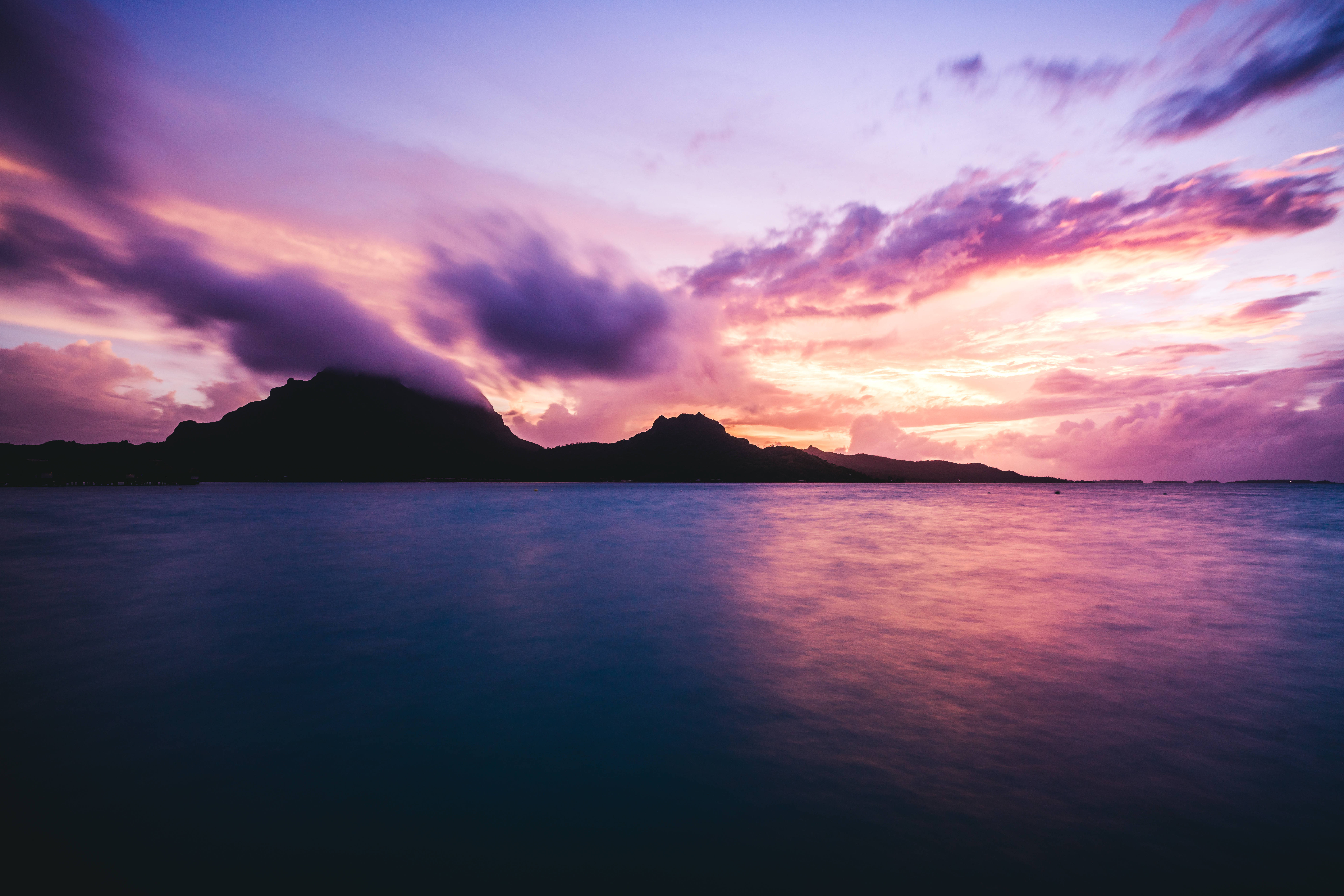 French Polynesia, purple sky, sunset, 8K Desktop Wallpaper