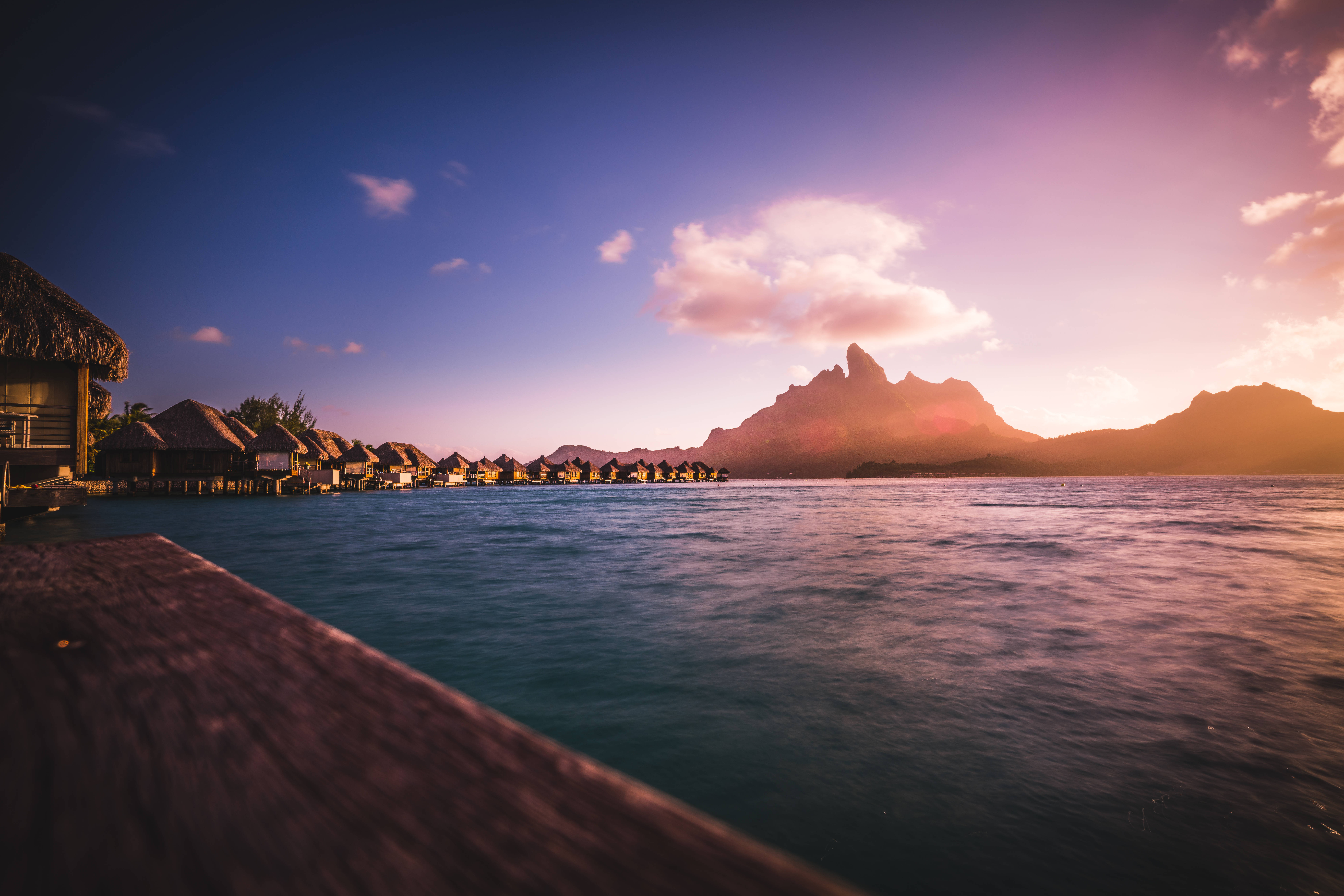 French Polynesia, overwater bungalows, sunset, 8K Desktop Wallpaper
