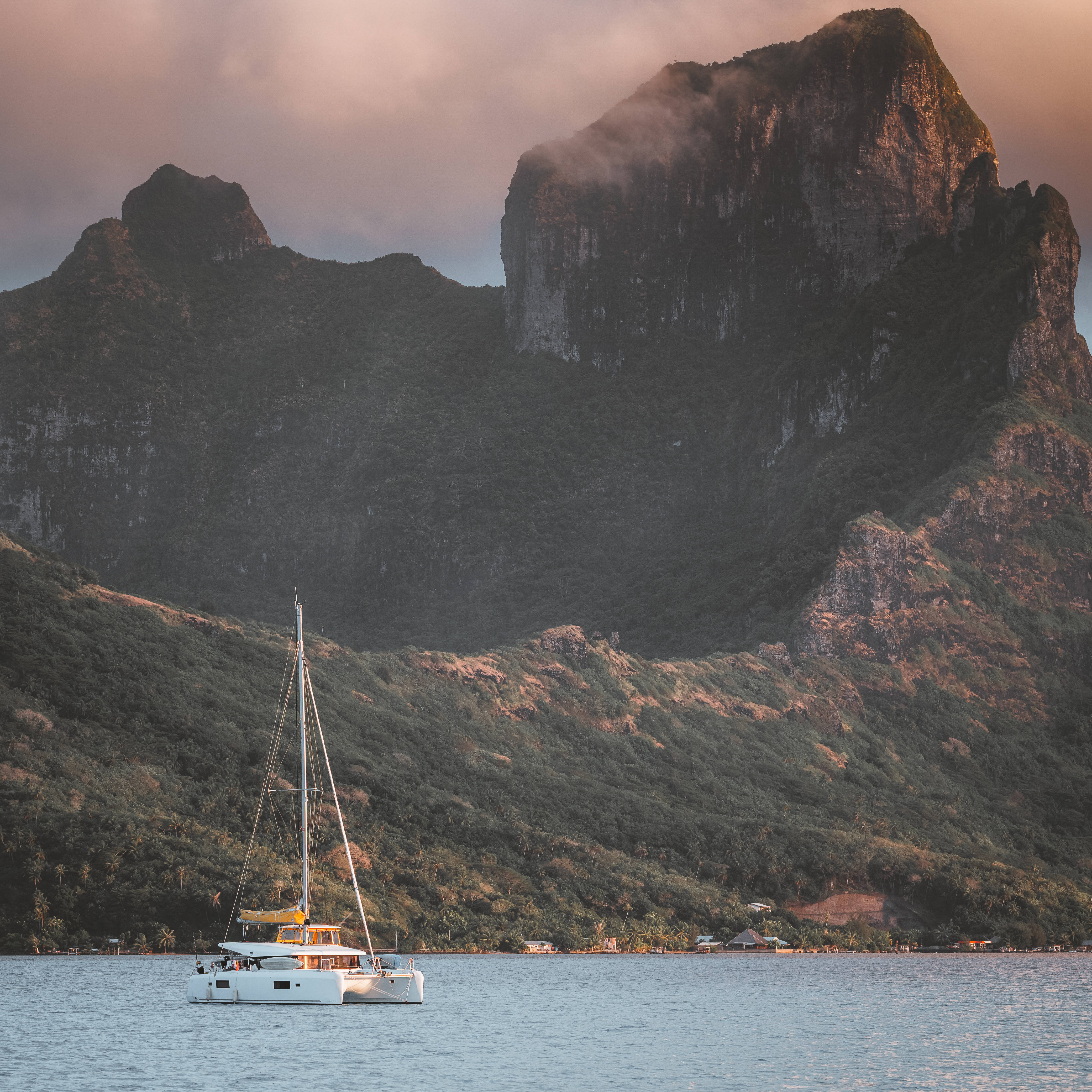 French Polynesia, white catamaran, turquoise waters, 4K Desktop Wallpaper