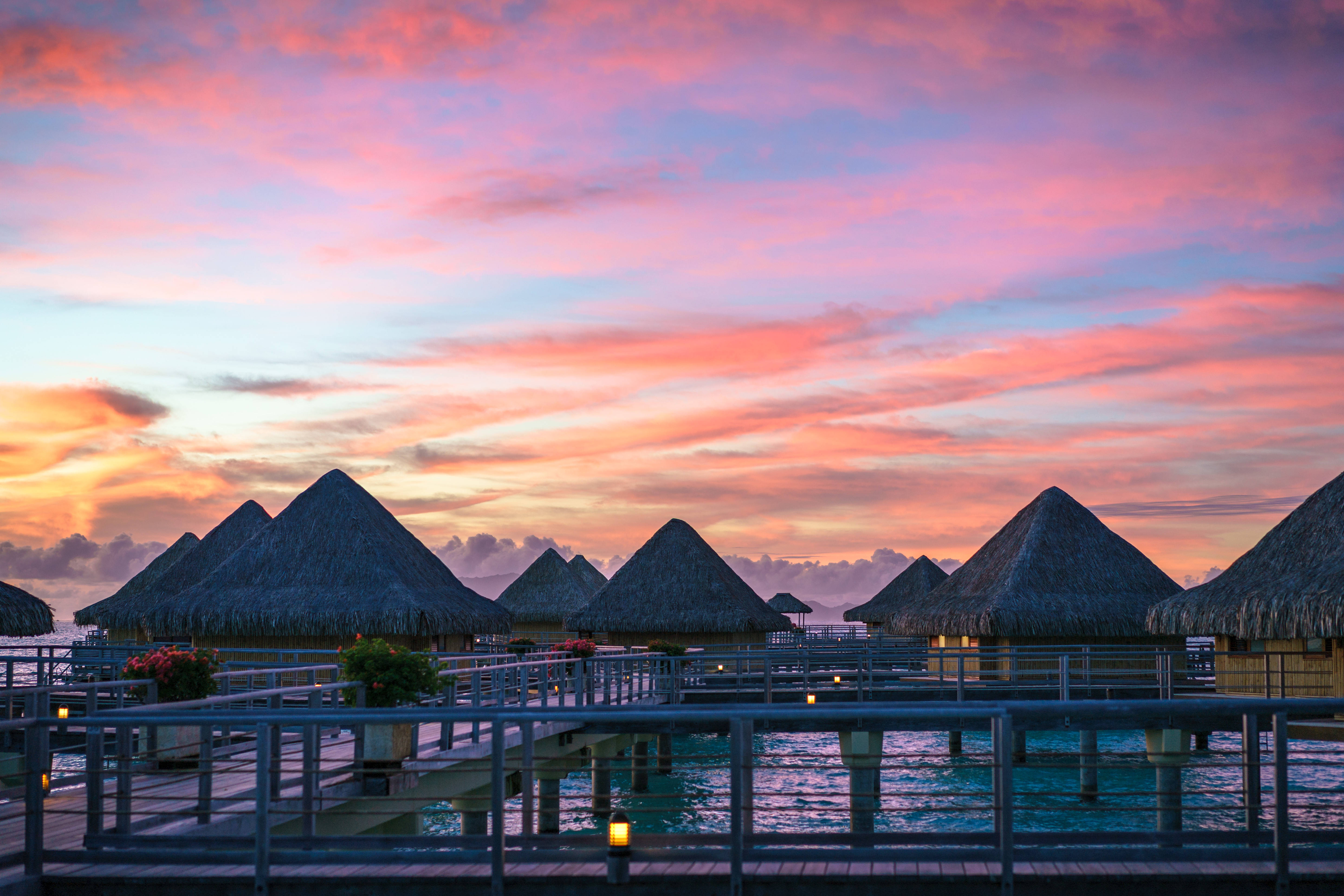 nipa huts, French Polynesia, overwater bungalows, 5K Desktop Wallpaper