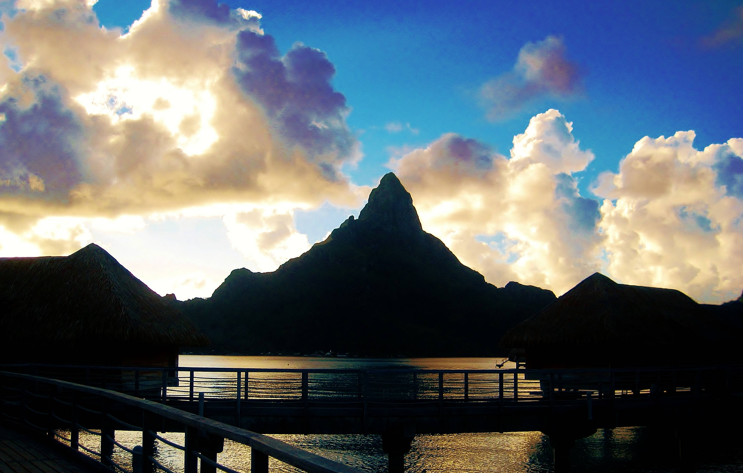 French Polynesia, overwater bungalows, mountain peak, 2K Desktop Wallpaper