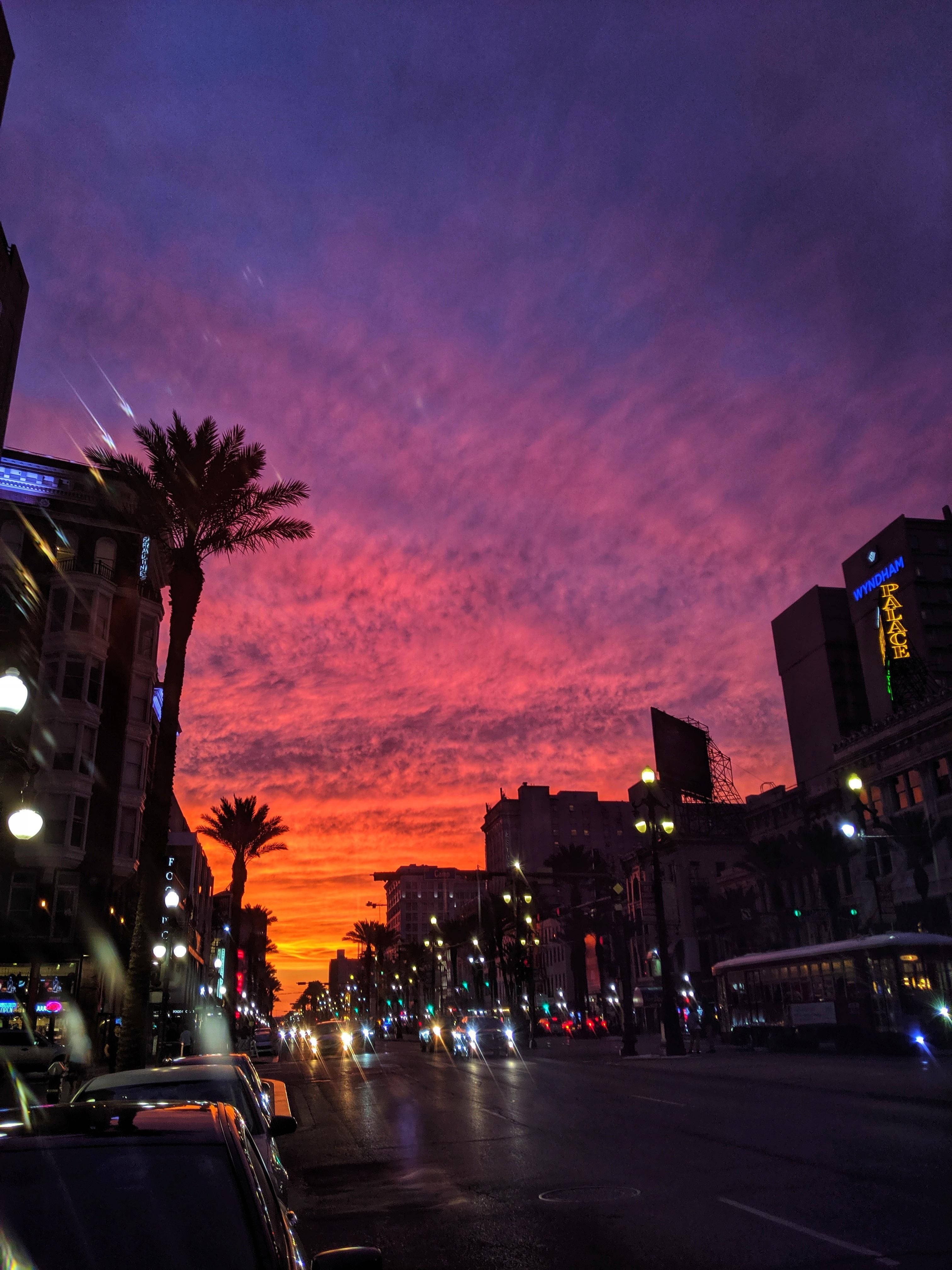 French Quarter, orange purple sky, sunset, 4K Phone Wallpaper