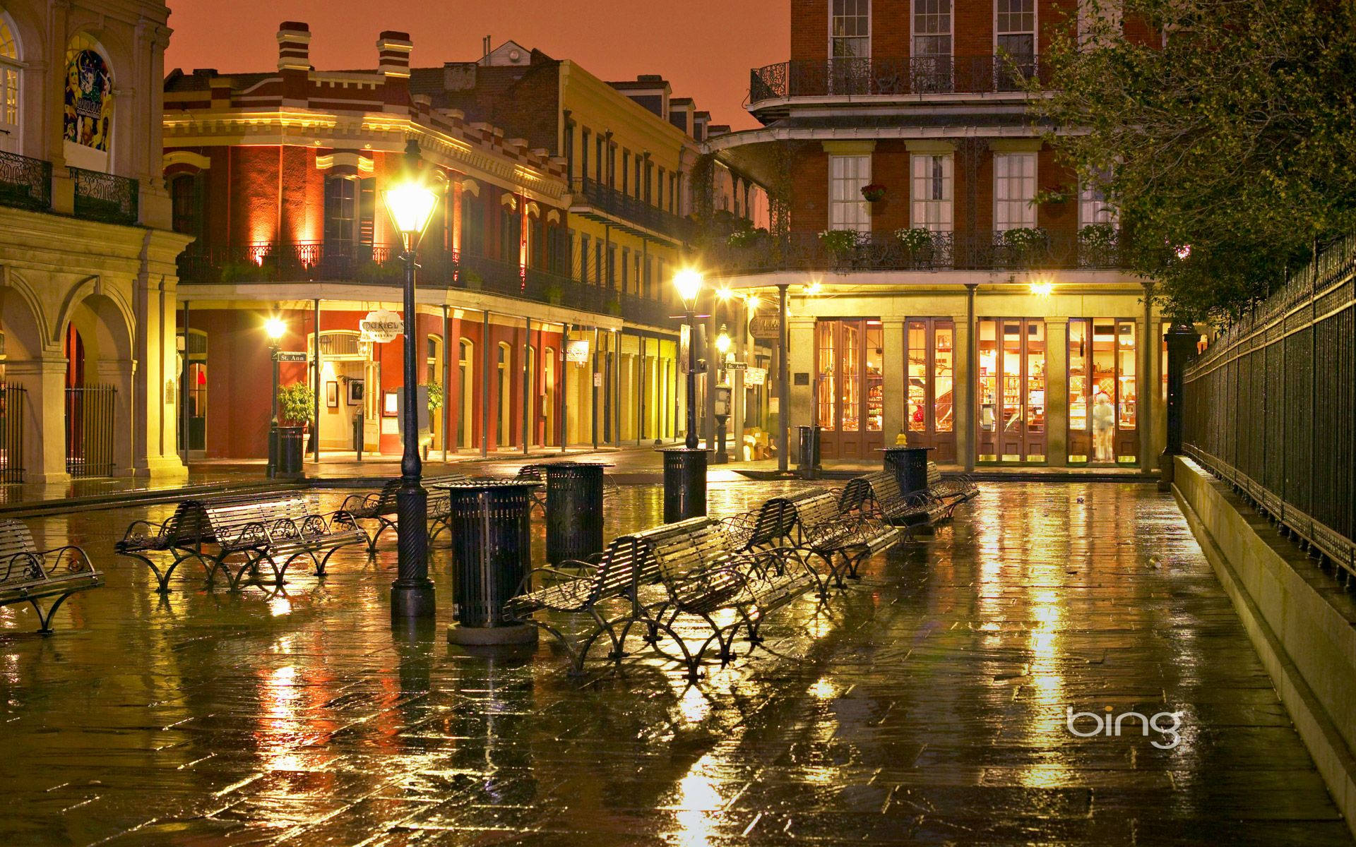 French Quarter, rain-slicked cobblestone street, night, Full HD Desktop Wallpaper