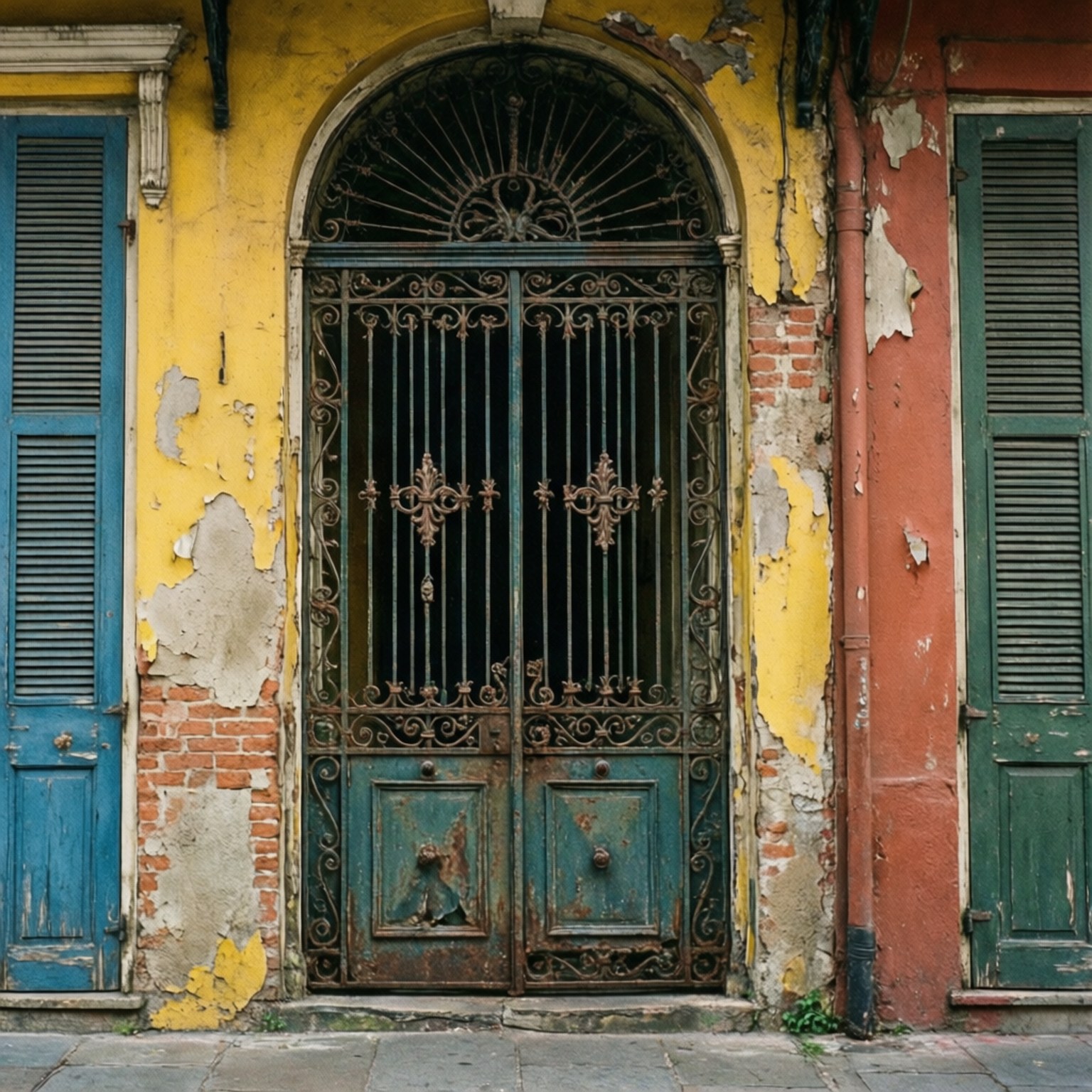 wrought iron gate, rusted blue panels, peeling yellow and red walls, HD Desktop Wallpaper