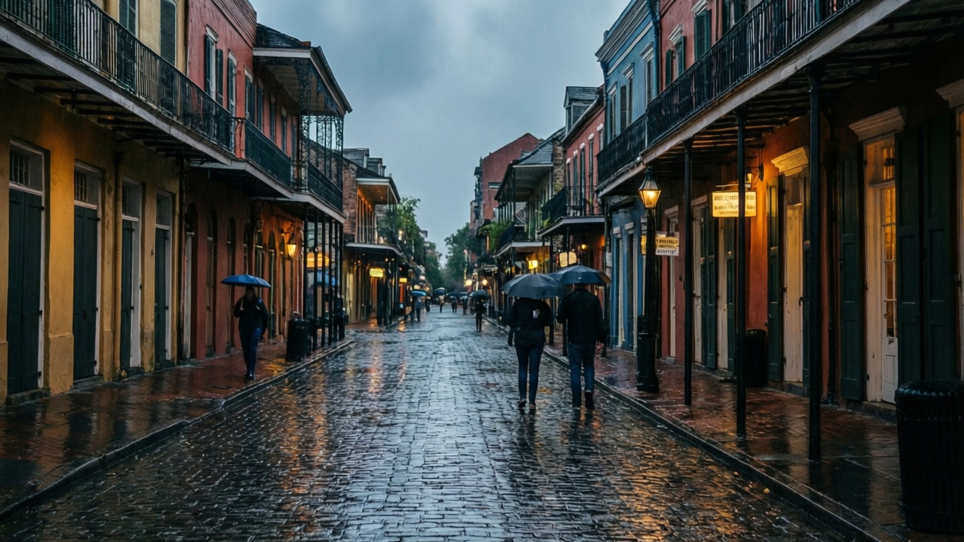 rain-slicked cobblestone street, colorful historic buildings, pedestrians holding umbrellas, Full HD Desktop Wallpaper