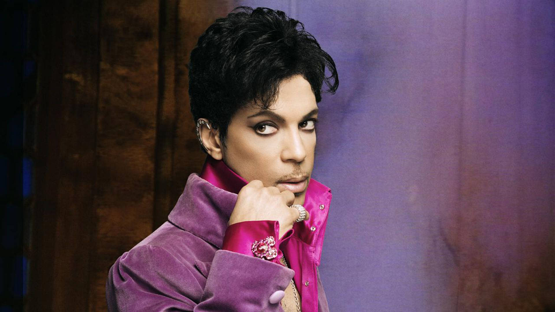Prince, vibrant purple velvet jacket, moody purple and wooden backdrop, Full HD Desktop Wallpaper