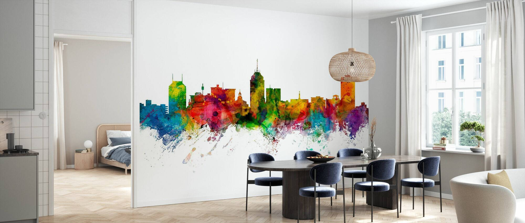 Fresno, watercolor cityscape mural, white wall, Full HD Desktop Wallpaper