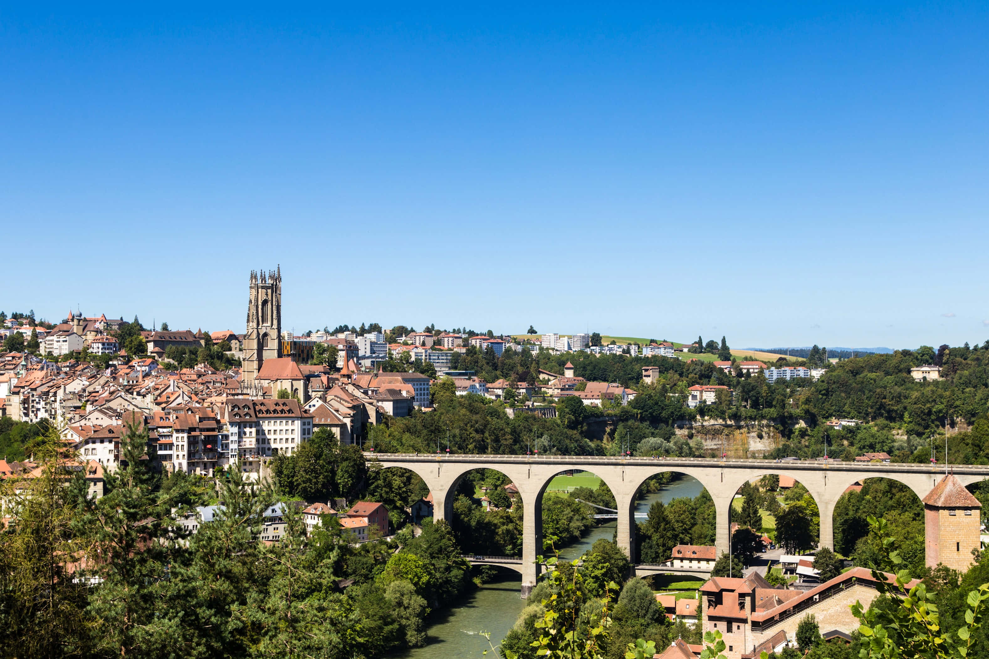 Fribourg, medieval town, stone arch bridge, 2K Desktop Wallpaper