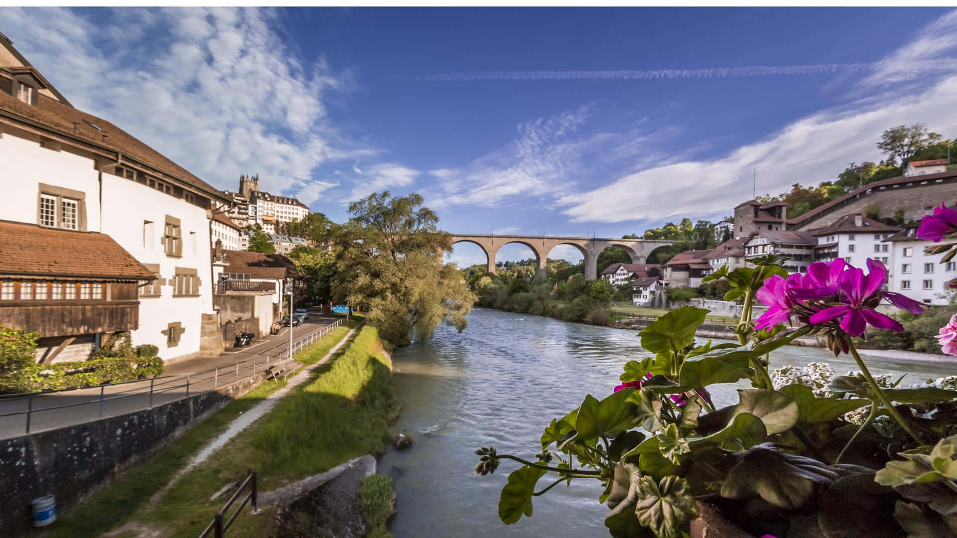 Fribourg, historic stone bridge, serene river, Full HD Desktop Wallpaper