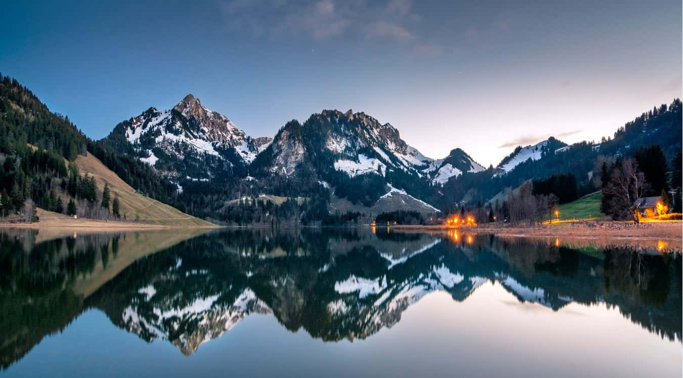 Fribourg, snowcapped mountains, calm lake, HD Desktop Wallpaper