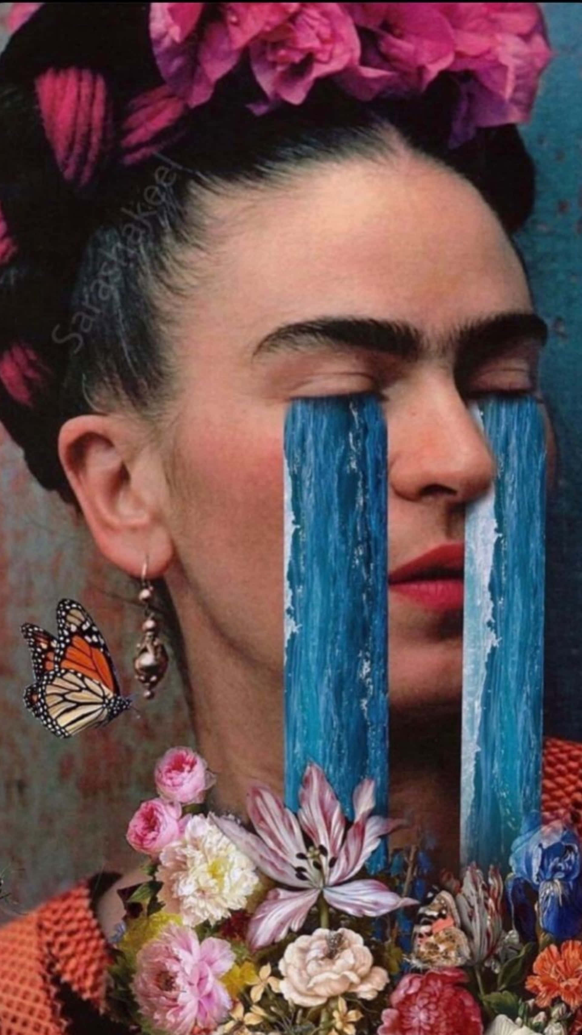 Frida Kahlo, blue waterfalls, vibrant flowers, 2K Phone Wallpaper