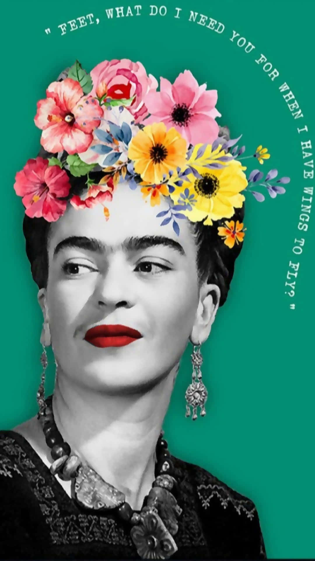 Frida Kahlo, black and white, vibrant floral crown, Full HD Phone Wallpaper