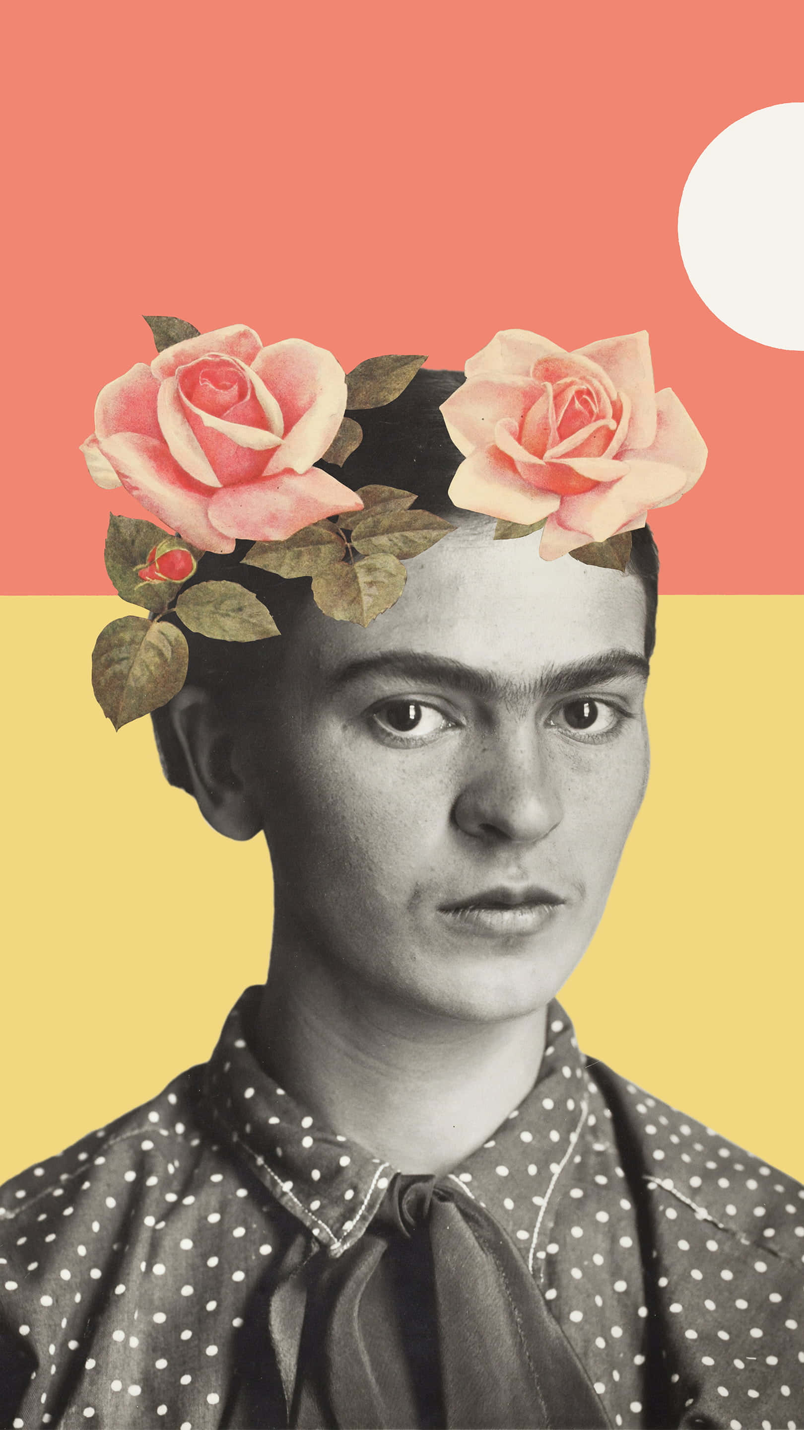 Frida Kahlo, pink roses, coral and yellow background, 2K Phone Wallpaper