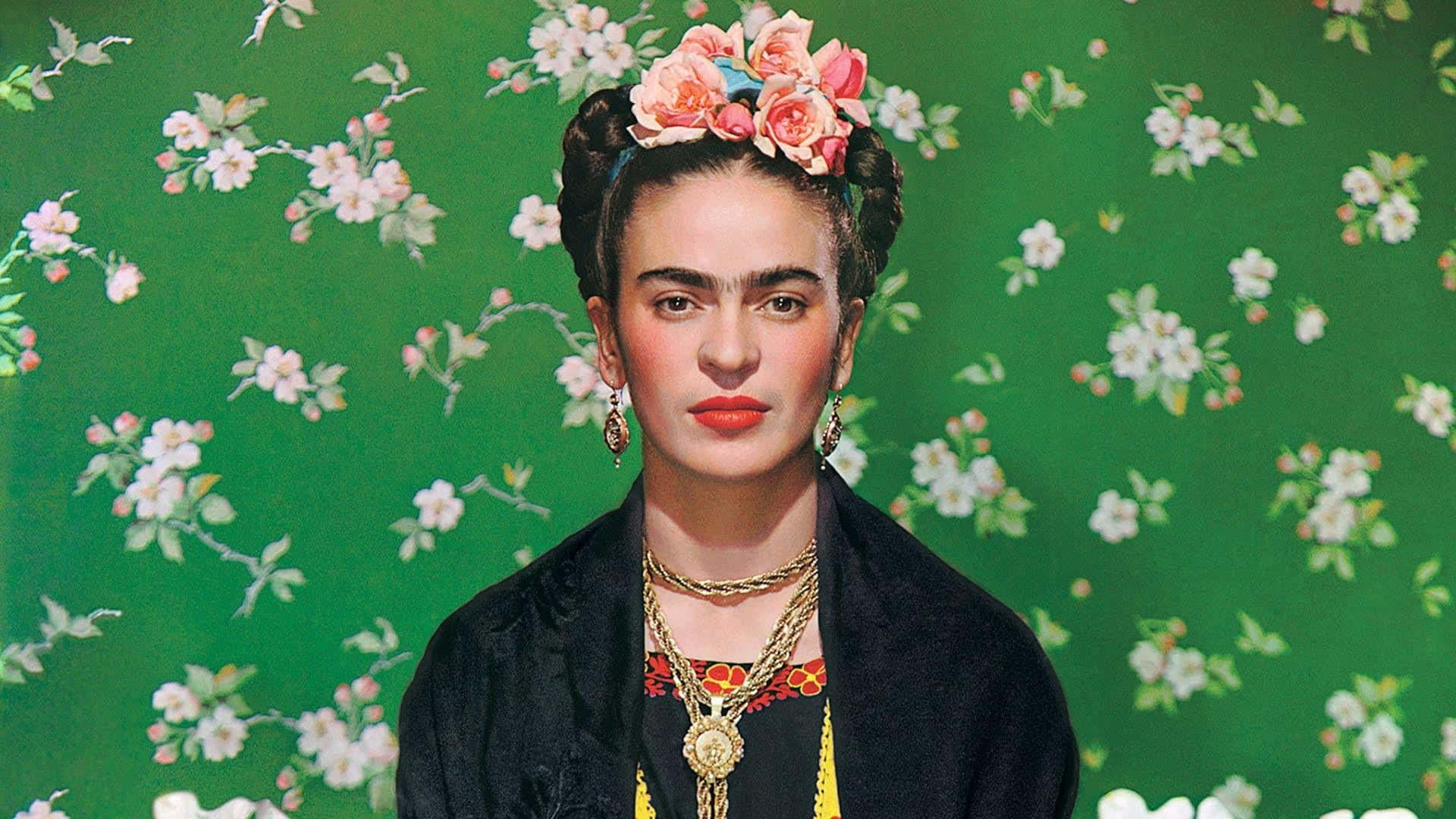 Frida Kahlo, red lips, floral crown, Full HD Desktop Wallpaper