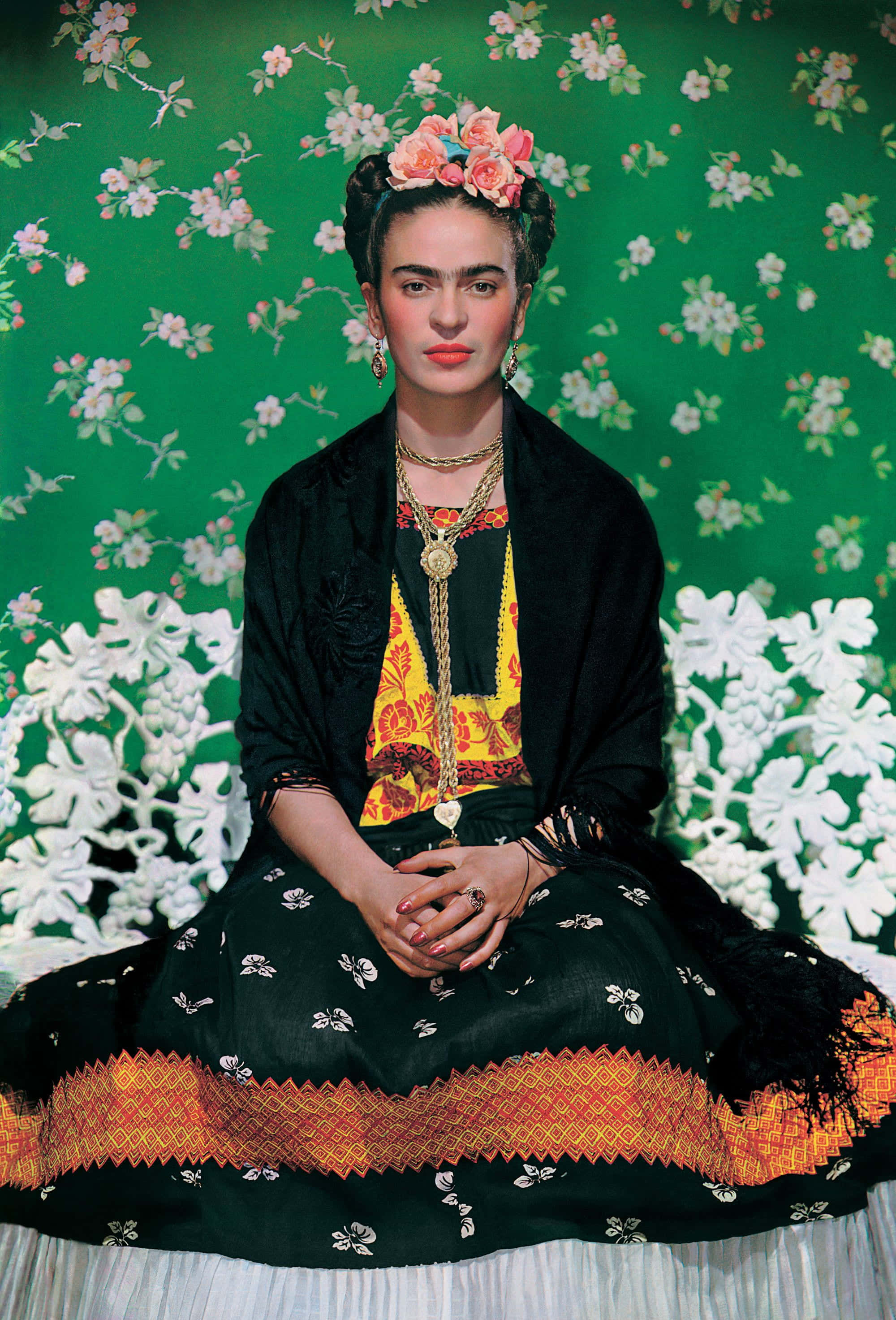 Frida Kahlo, vibrant green floral wallpaper, traditional Mexican dress, 2K Phone Wallpaper