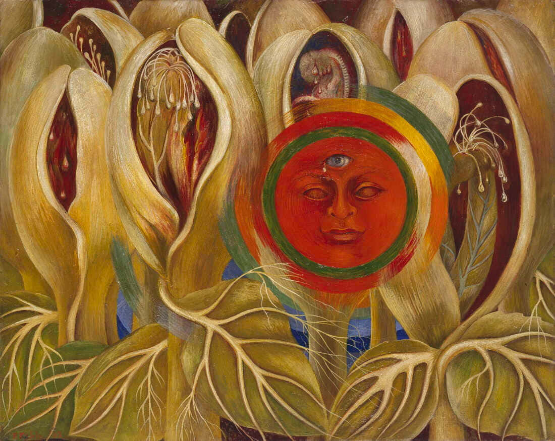 Frida Kahlo, red sun face, yellow flowers, SD Desktop Wallpaper