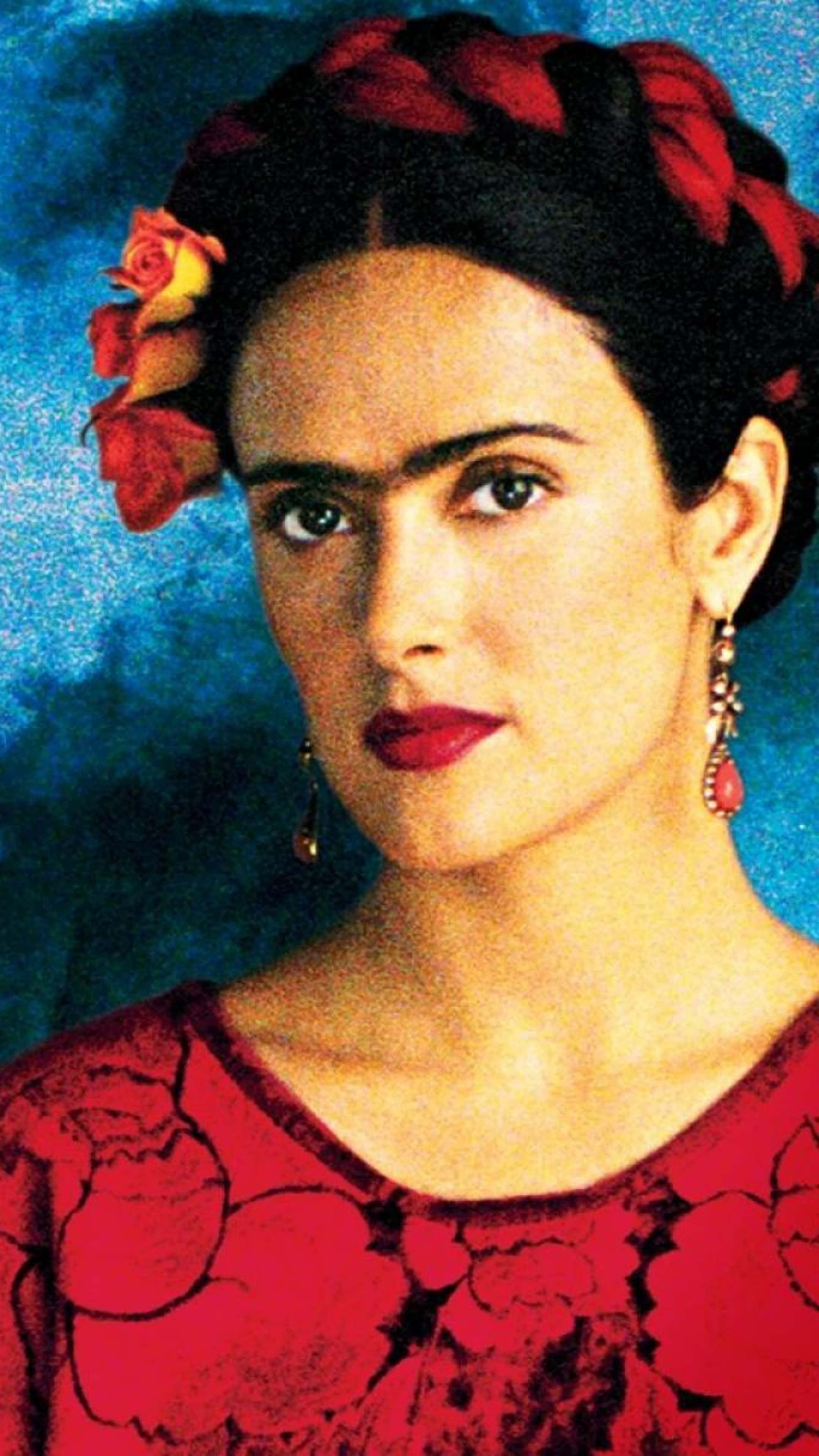 Frida Kahlo, red floral dress, dangling earrings, 4K Phone Wallpaper