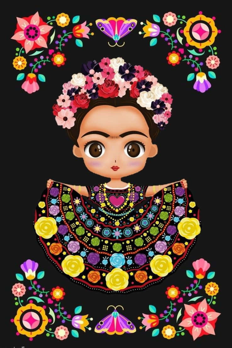 Frida Kahlo, floral crown, colorful embroidered dress, SD Phone Wallpaper