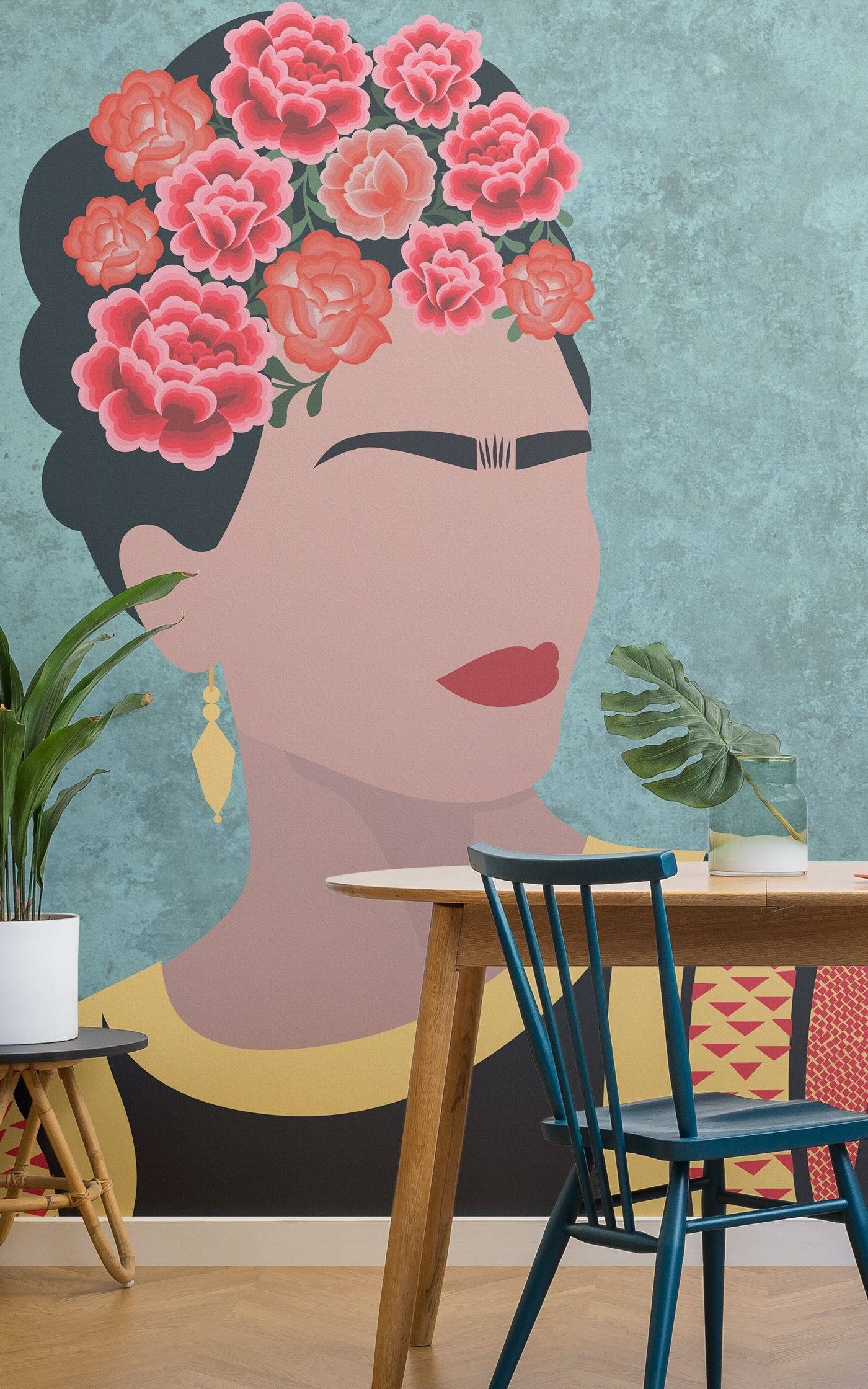 Frida Kahlo, floral crown, teal wall, Full HD Phone Wallpaper