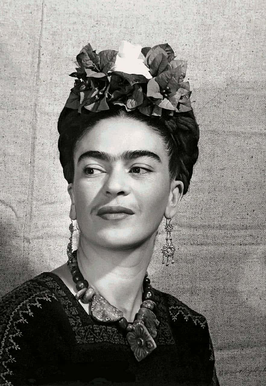 Frida Kahlo, black and white portrait, floral headdress, HD Phone Wallpaper