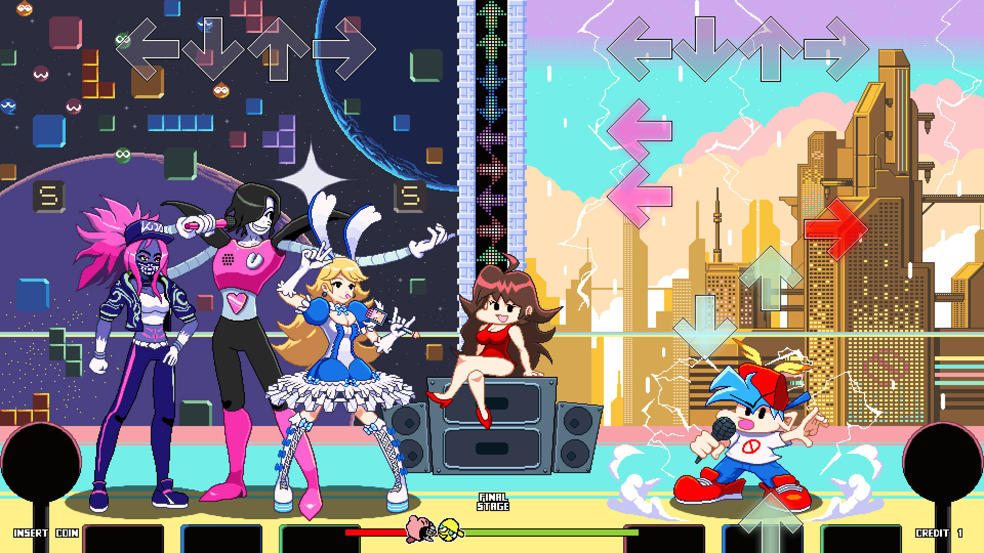 Friday Night Funkin, pixel-art, split-screen stage, Full HD Desktop Wallpaper