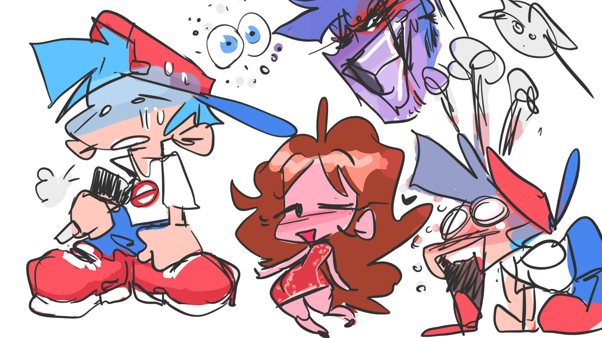 Friday Night Funkin, colored sketch, chaotic cartoon characters, Full HD Desktop Wallpaper