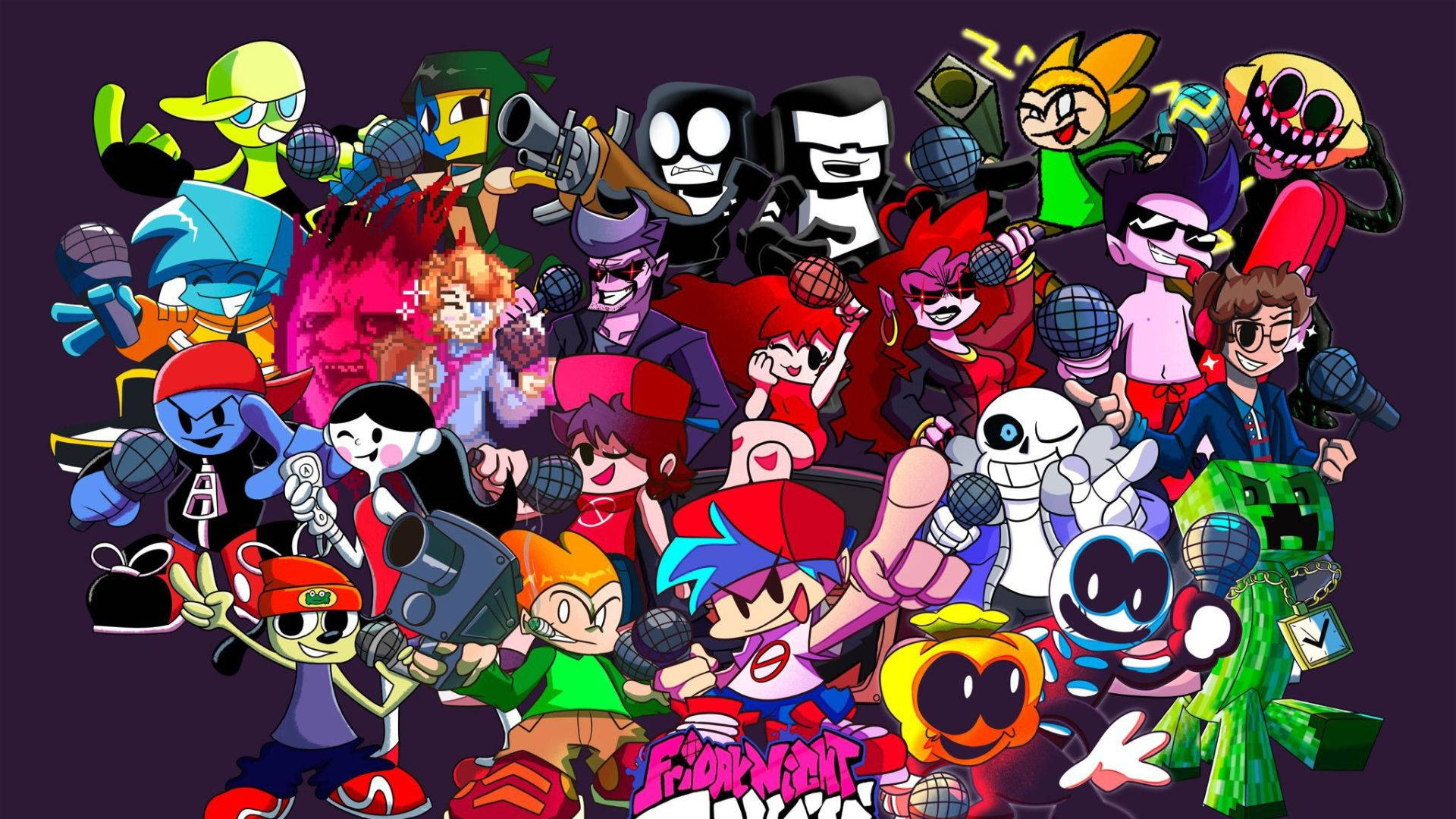Friday Night Funkin, dark purple background, animated characters, Full HD Desktop Wallpaper