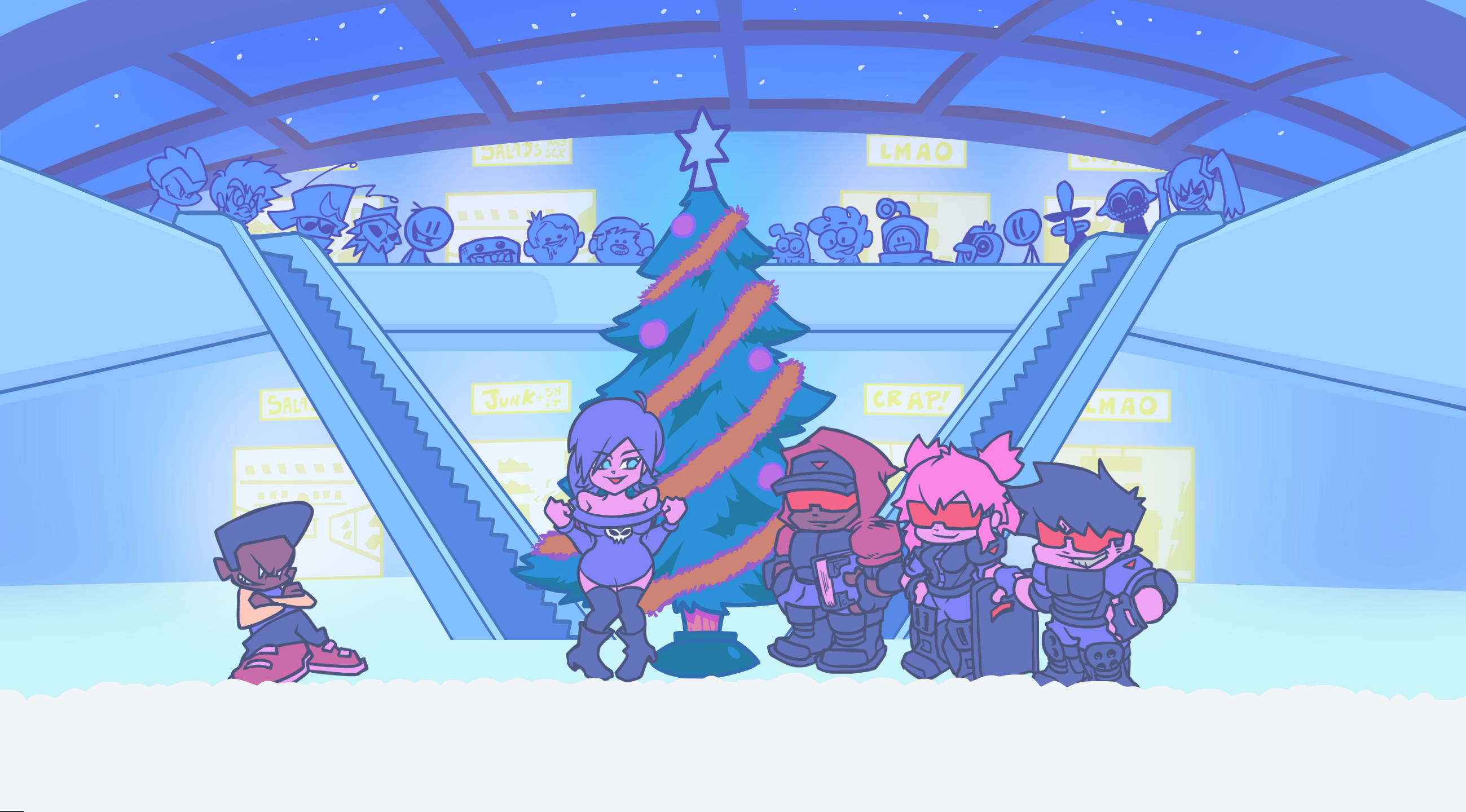 Friday Night Funkin, Christmas tree, snowy mall, 2K Desktop Wallpaper