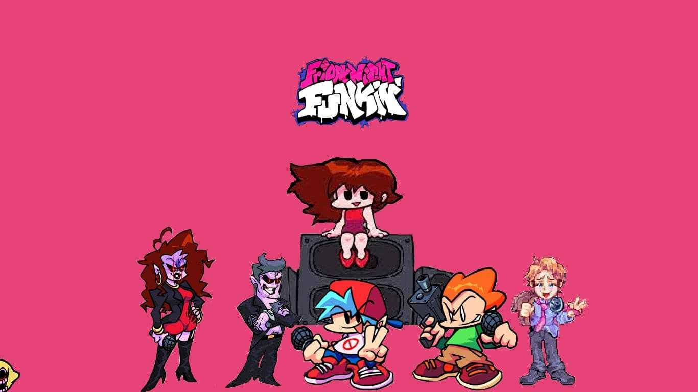 Friday Night Funkin, pink backdrop, cartoon characters, HD Desktop Wallpaper