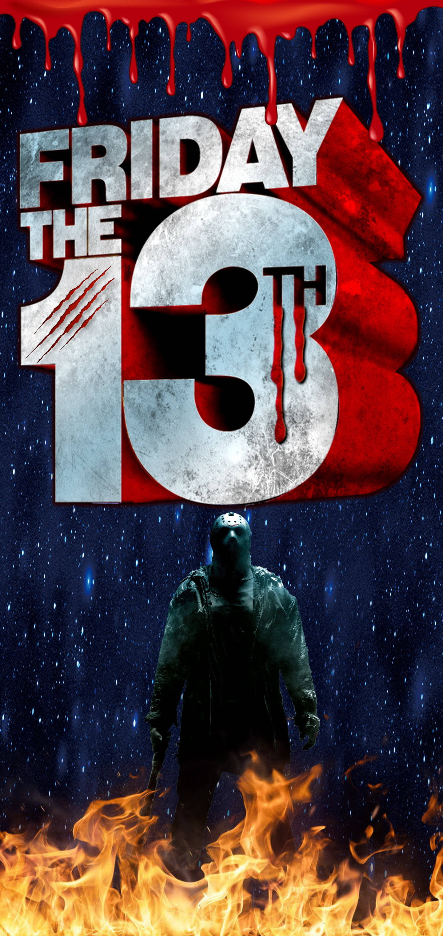 Friday the 13th, masked figure, flames, 2K Phone Wallpaper