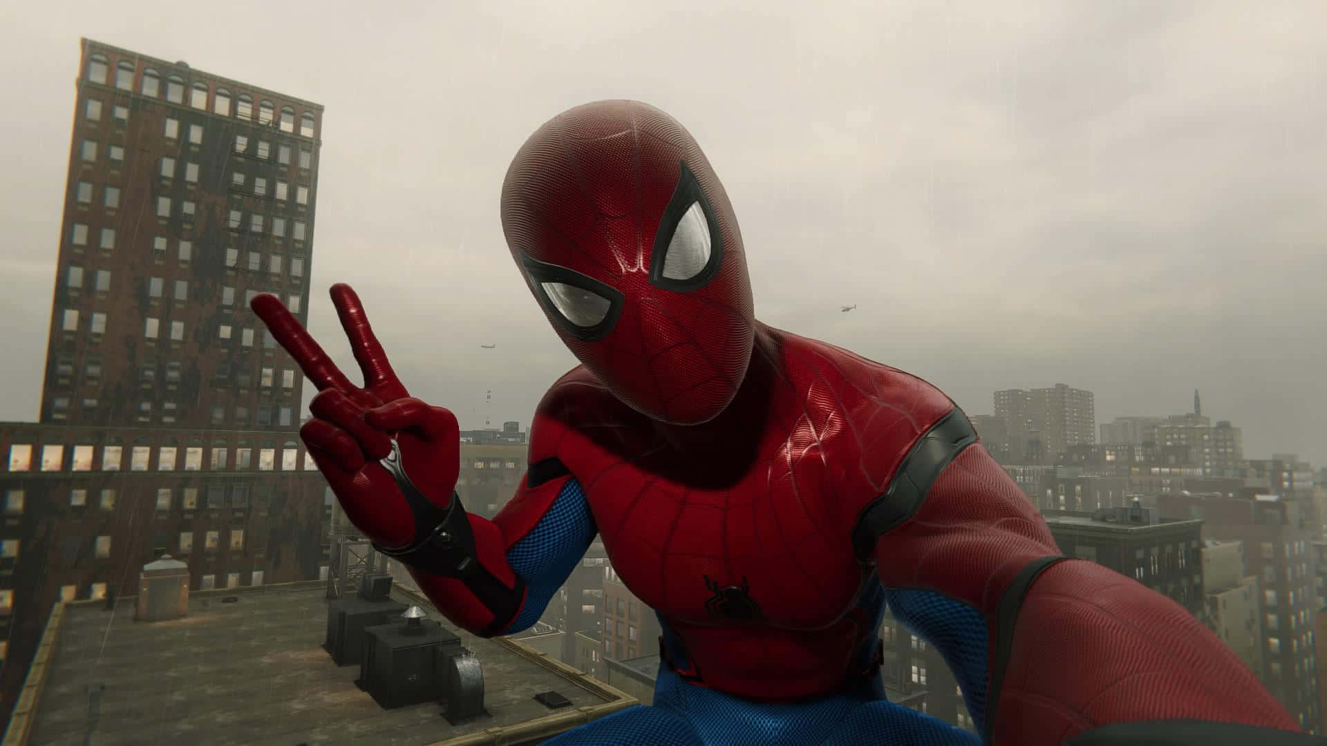 Friendly Neighborhood Spider-Man, red and blue suit, rainy city rooftop, Full HD Desktop Wallpaper