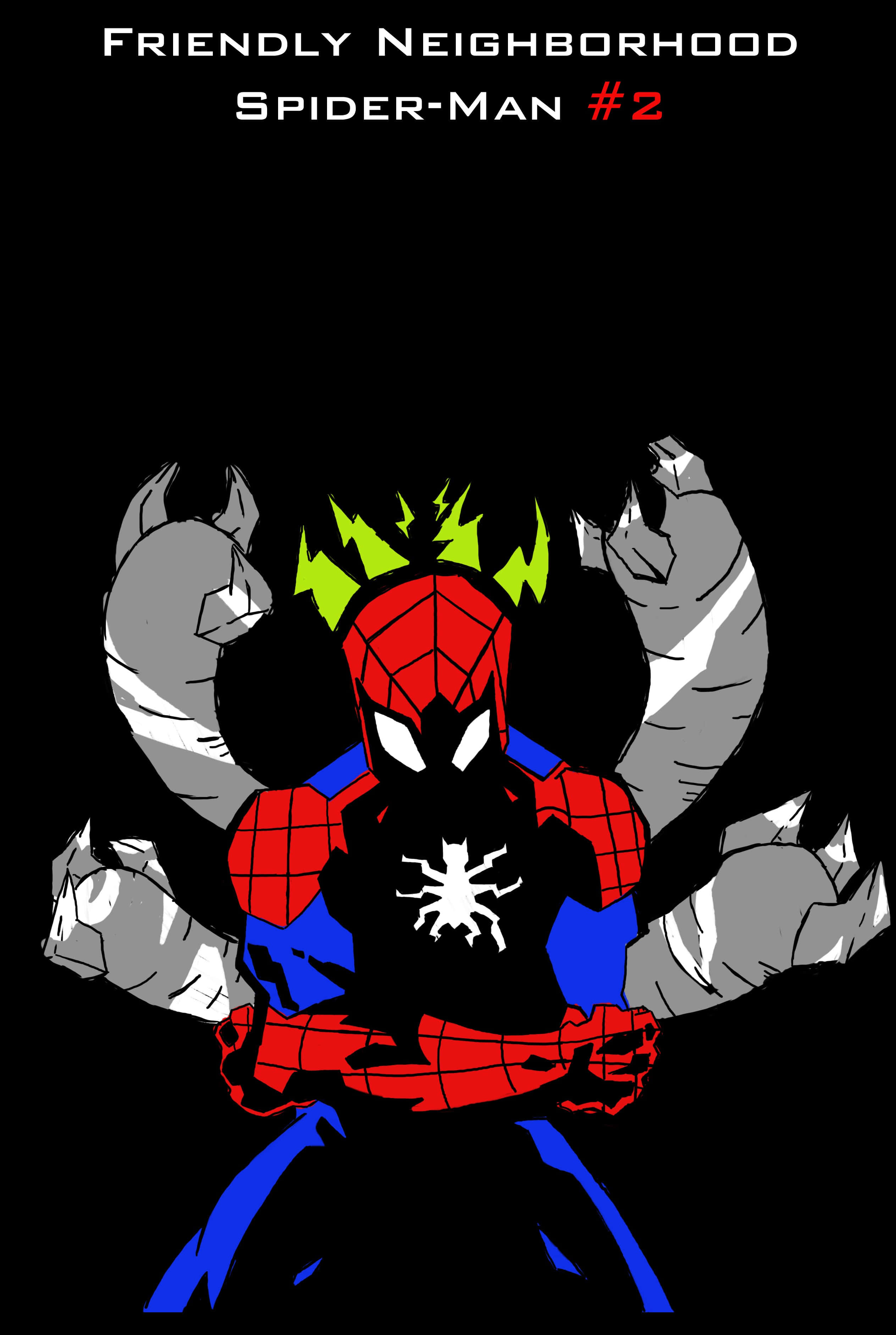 Friendly Neighborhood Spider-Man, glowing green hair, gray stone fists, 2K Phone Wallpaper