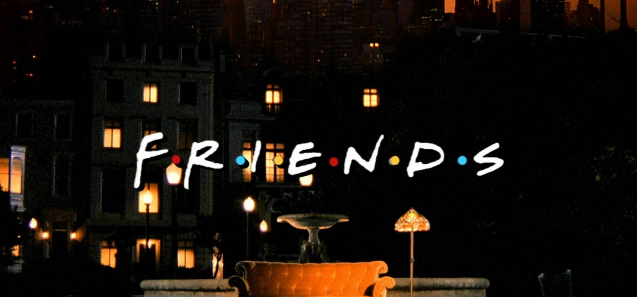 Friends Logo, nighttime cityscape, rooftop sofa, Full HD Desktop Wallpaper