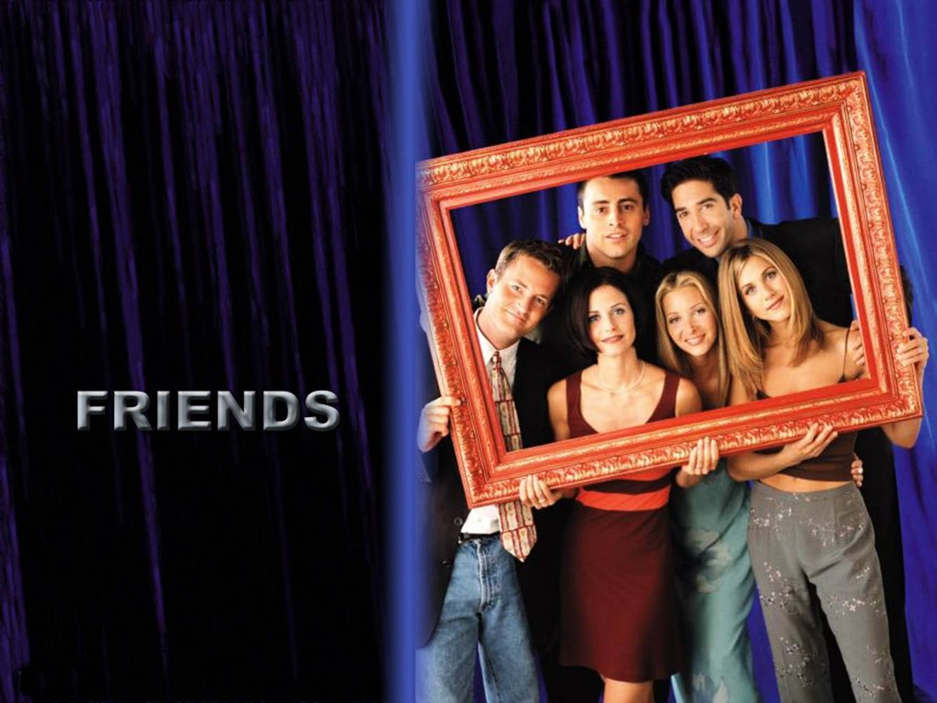 Friends Desktop, orange frame, six smiling TV actors, HD Desktop Wallpaper